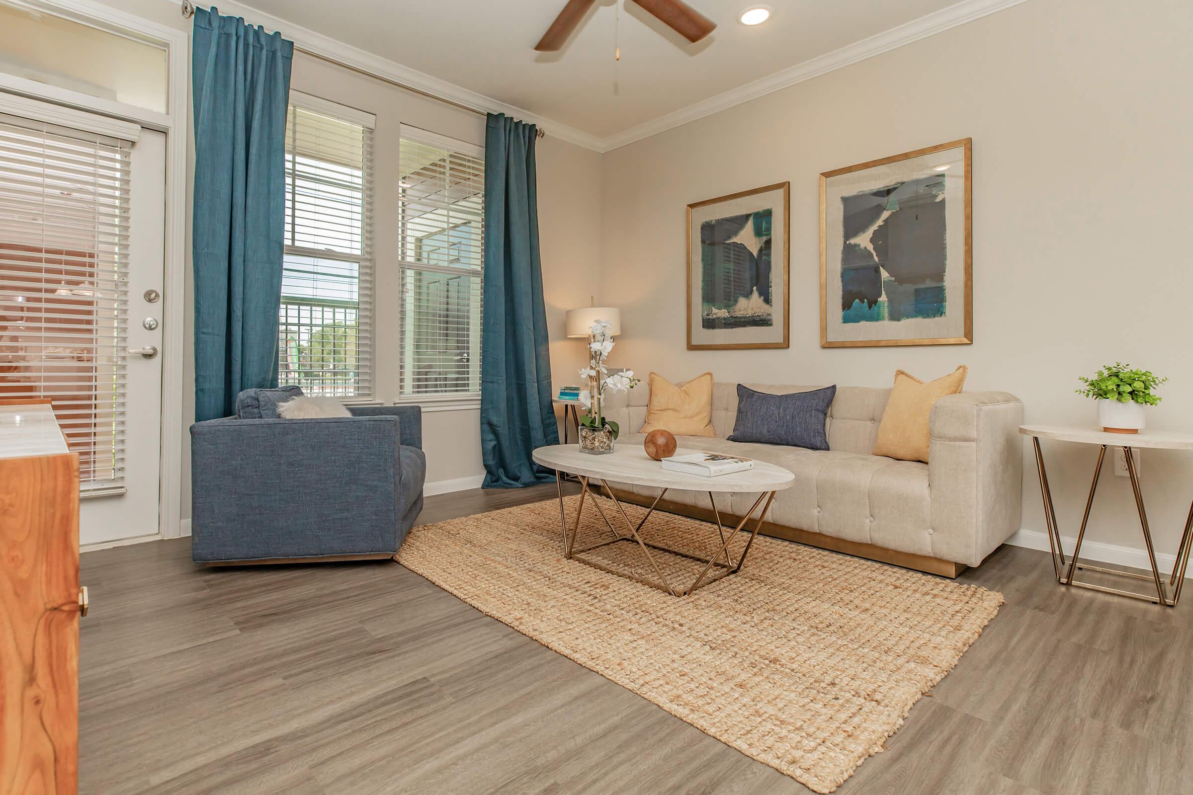 Cozy living room featuring a light beige sofa with decorative pillows, a blue armchair, a round coffee table, and a woven rug. The space is bright with large windows and blue curtains. Two framed artworks adorn the walls, and a small potted plant adds a touch of greenery.