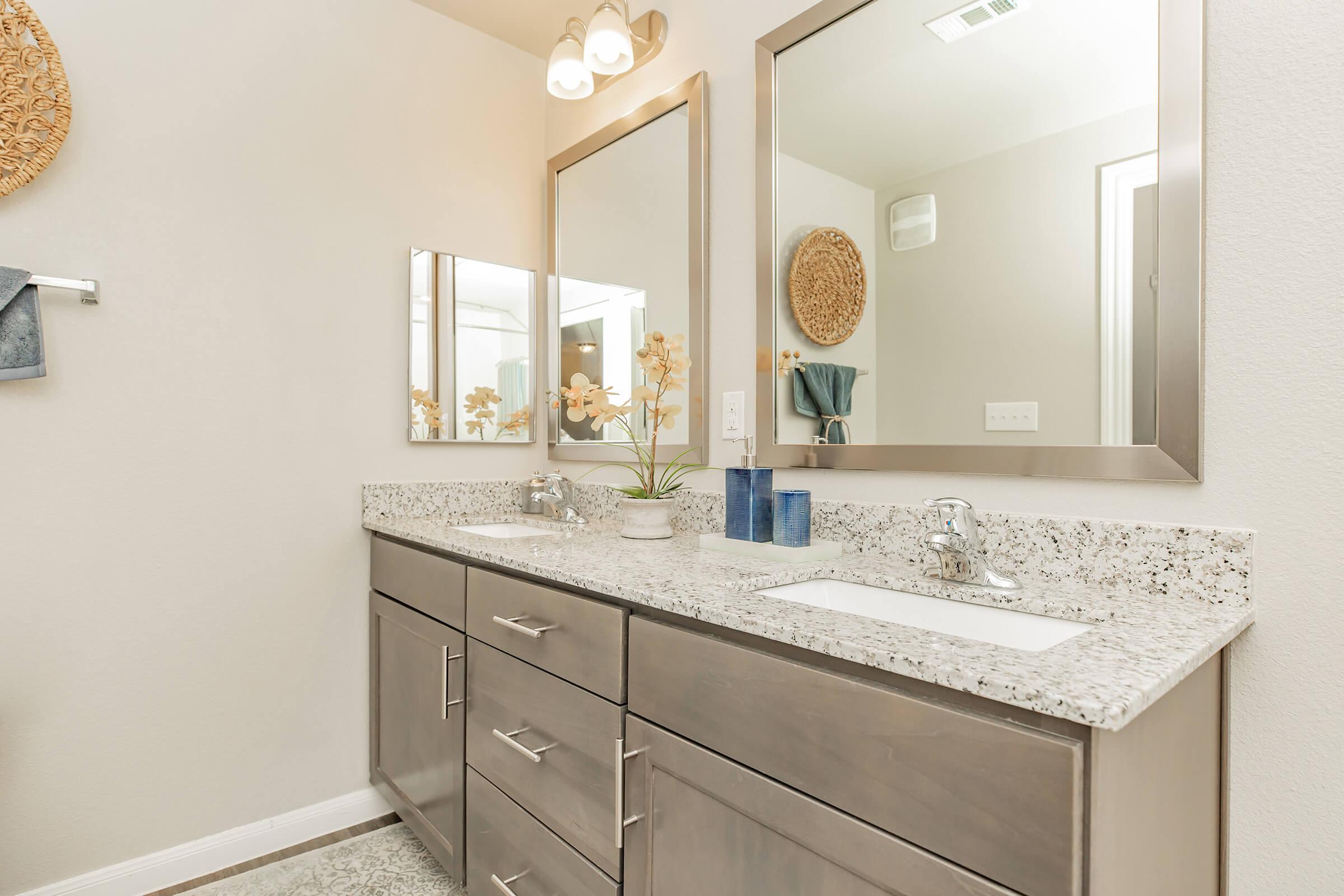 A modern bathroom with two sinks on a gray granite countertop. Above each sink is a rectangular mirror. A small potted orchid and blue glass vases decorate the countertop. Soft lighting is provided by two fixtures above the mirrors, and a textured wall decor piece is visible on the right. The walls are painted in a light neutral color.