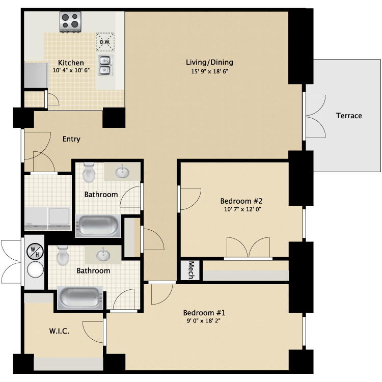 Floor plan image of 2 Bed 2 Bath Flat D