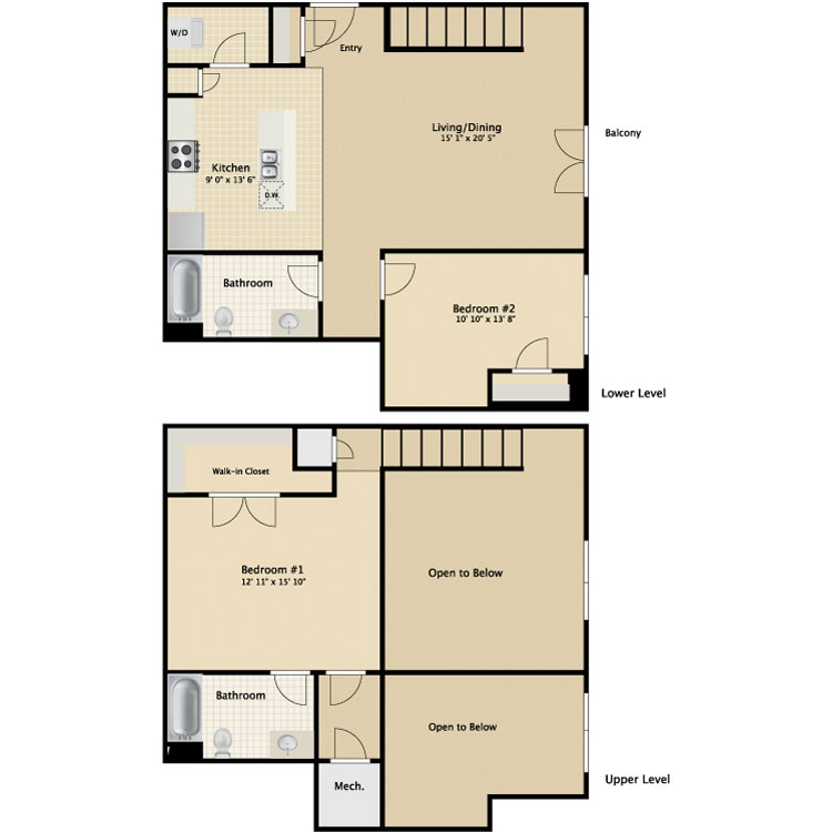 Floor plan image of 2 Bed 2 Bath Townhouse B