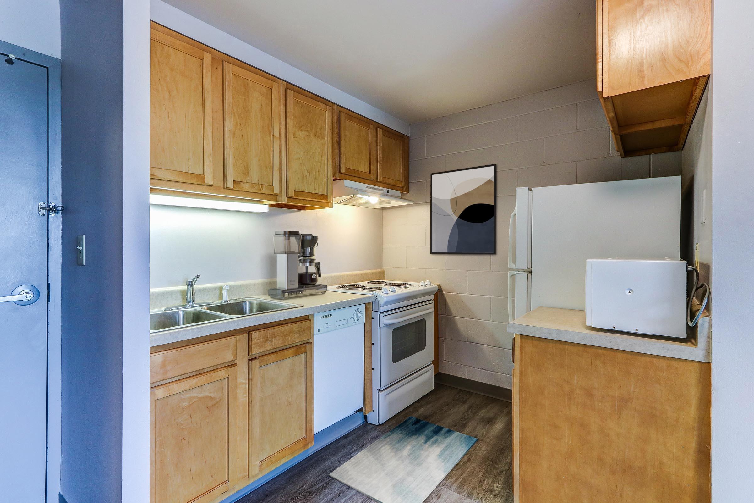 A modern kitchen featuring light wooden cabinets, a white stove, and a double sink. There's a coffee maker on the counter, a refrigerator, and a microwave. A framed abstract artwork hangs on the wall above the countertop, and a small rug adds a touch of color to the space. The overall design is clean and functional.