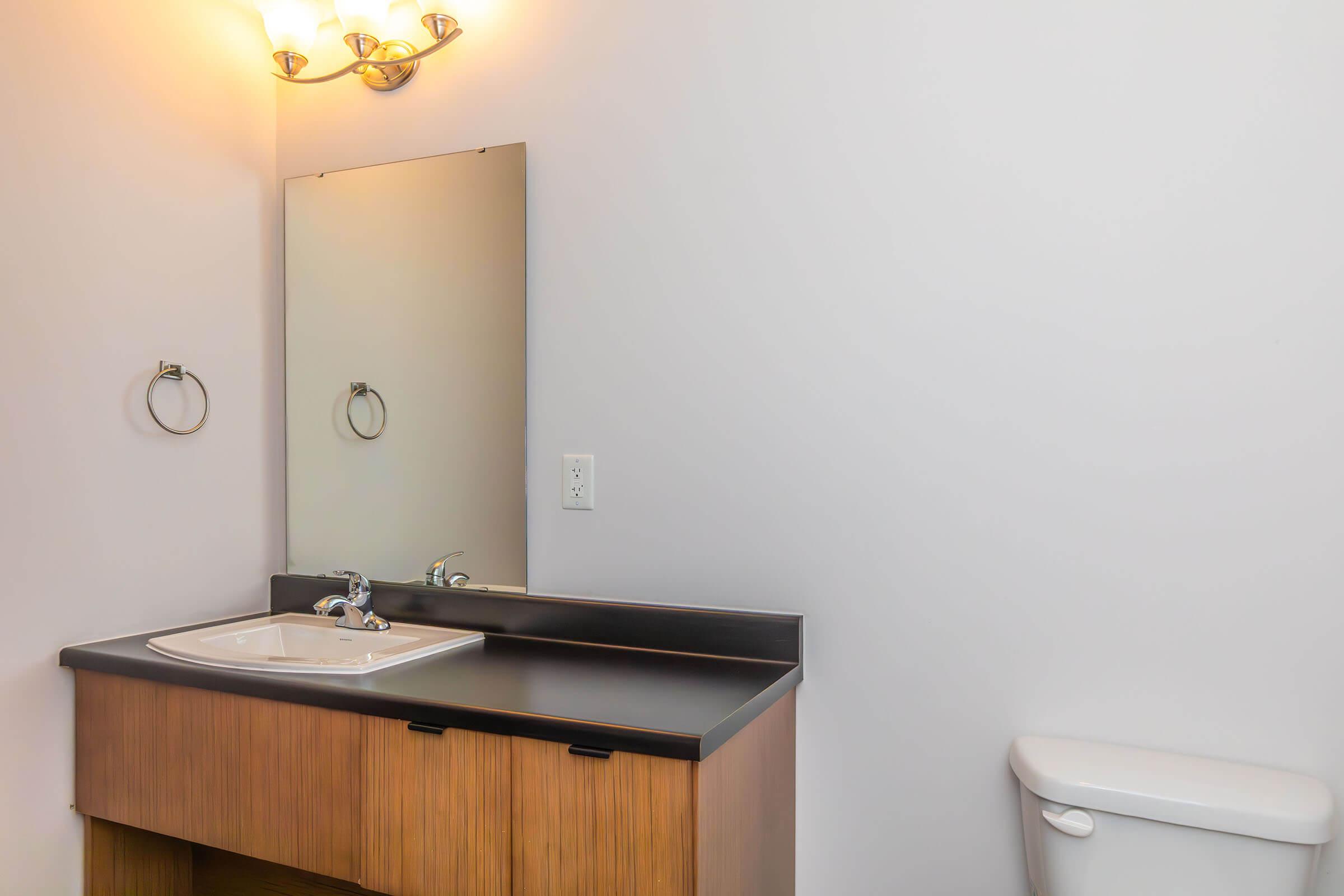 A modern bathroom featuring a wooden vanity with a sink, a large mirror above the sink, a towel ring on the wall, and a white toilet in the corner. The walls are painted in a light color, creating a clean and spacious appearance. A stylish light fixture above the mirror adds illumination.