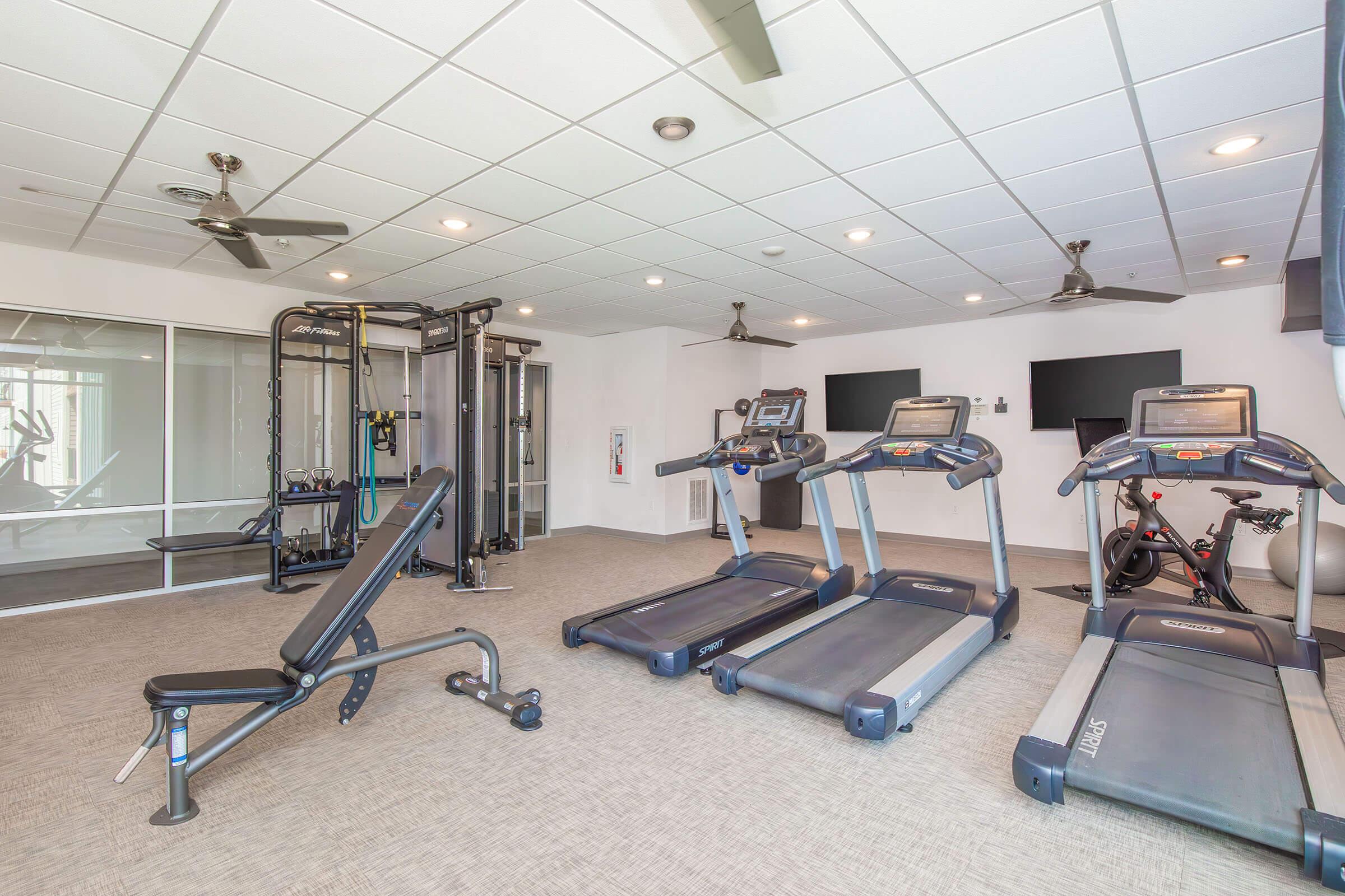 A modern fitness gym featuring multiple treadmills, a stationary bike, and strength training equipment. The space includes large mirrors, ceiling fans, and bright lighting, creating an inviting atmosphere for exercise.