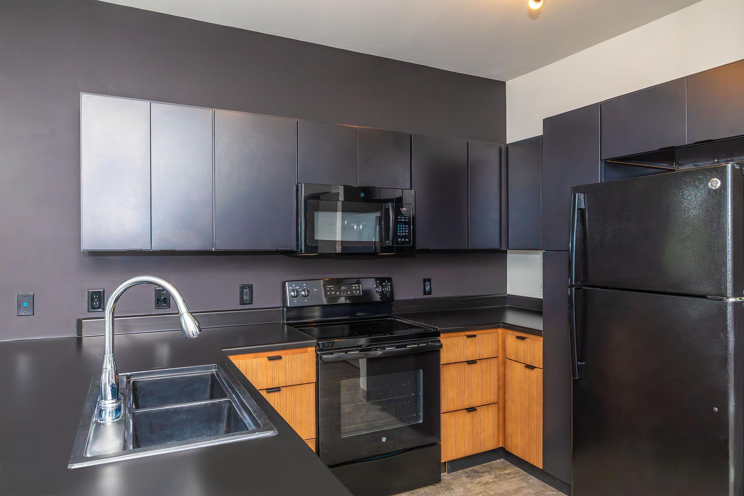 Modern kitchen featuring dark wood cabinetry and black appliances. It includes a stainless steel sink with a single handle faucet, a black oven and microwave, and a black refrigerator. The countertop is also black, and the overall color scheme creates a sleek, contemporary look.