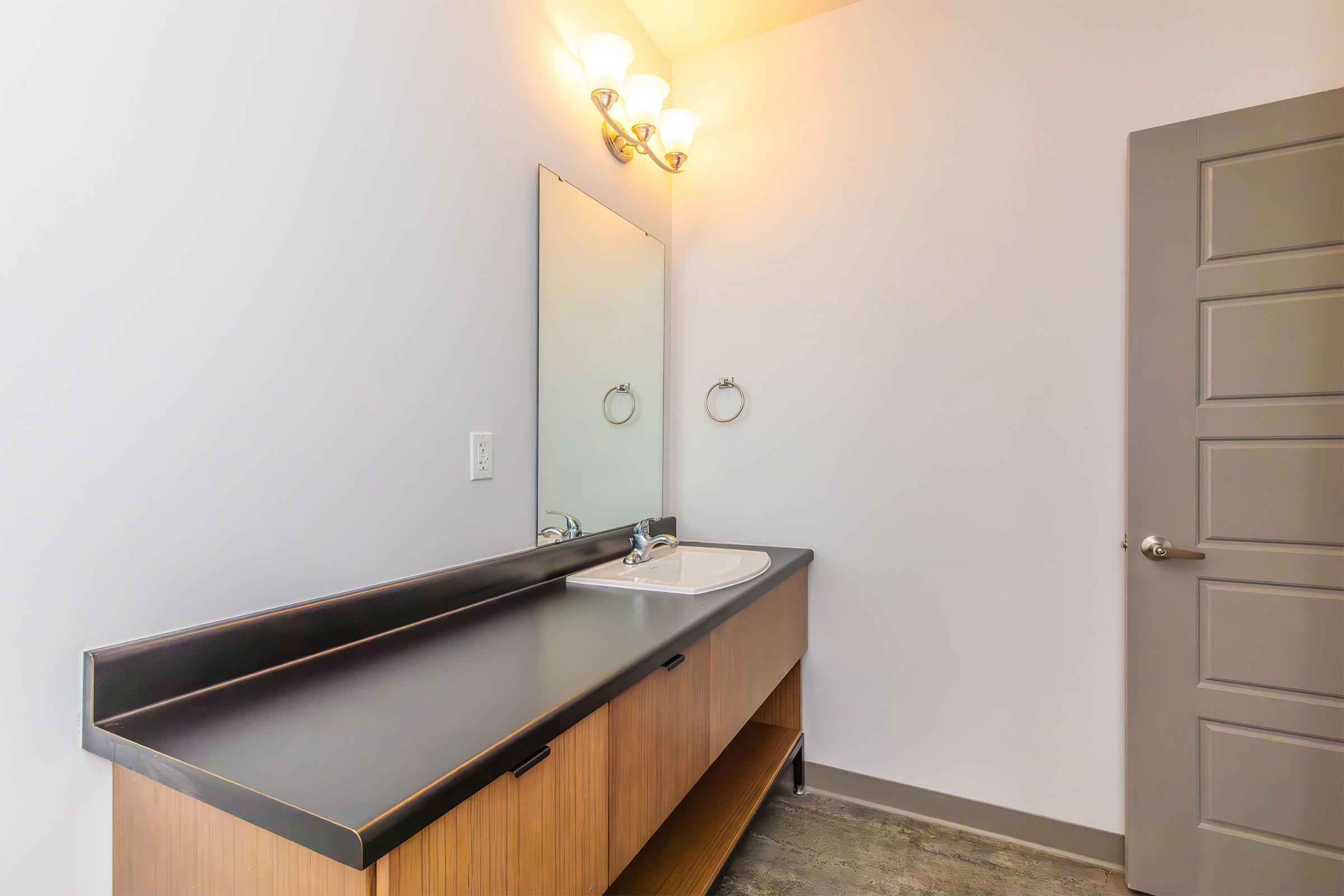 A modern bathroom featuring a sleek wooden vanity with a black countertop, a single sink, and a large mirror above. There are two chrome towel rings on the wall, and the room is illuminated by three light fixtures. A closed gray door is visible on the right side. The walls are painted white.