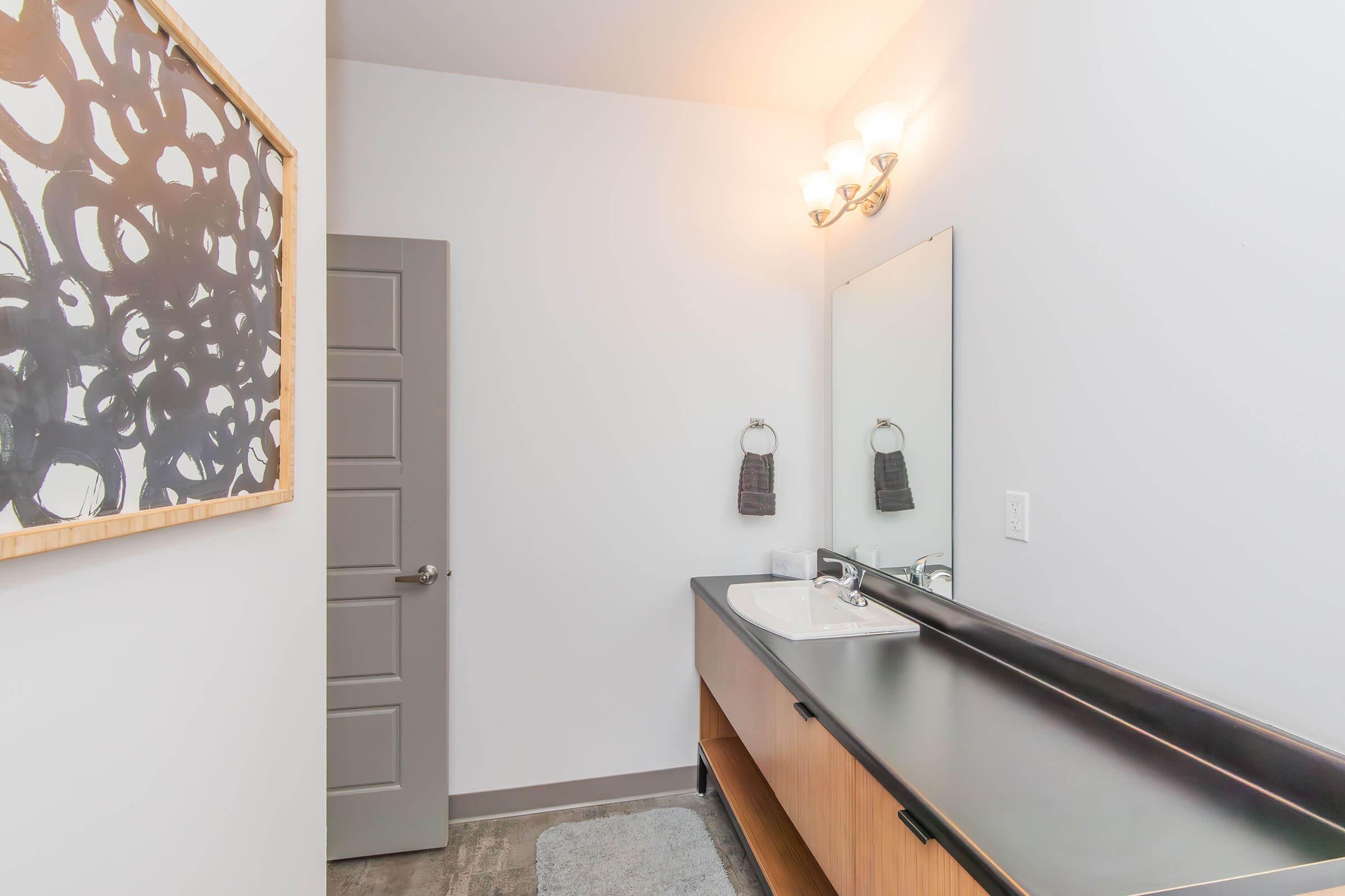 A modern bathroom featuring a sleek black countertop with a sink, a large mirror, and two towel holders. The walls are painted white, and there is abstract artwork on one wall. The flooring is light-colored, and there’s a soft gray rug by the sink. The door is a stylish gray with a modern design.