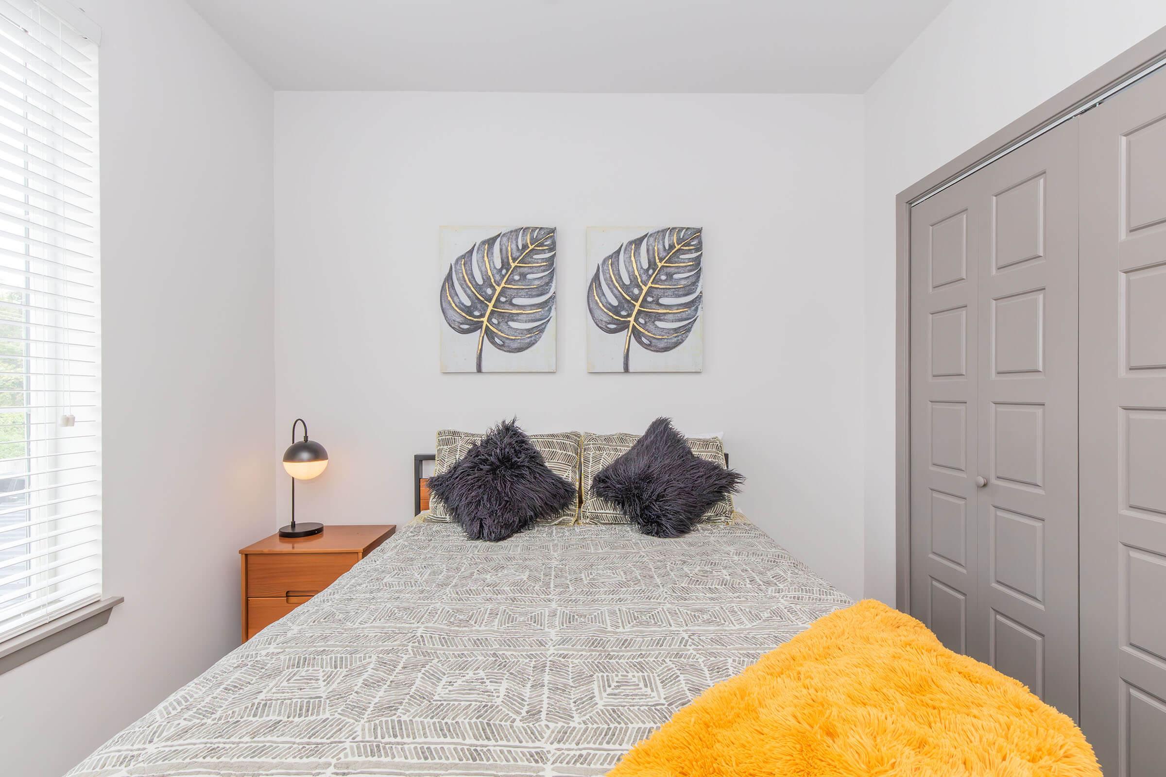 A cozy bedroom featuring a bed with patterned bedding and decorative pillows. There are two framed leaf art pieces on the wall above the bed. A bedside table with a lamp is positioned next to the bed, and a closed gray closet door is visible in the background. Natural light comes in through the window with white blinds.