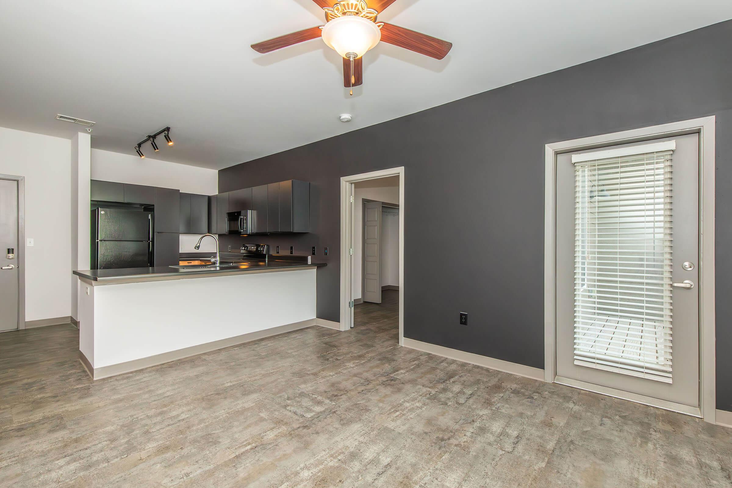 A modern, open-concept apartment interior featuring a kitchen with black cabinetry and stainless steel appliances, a living area with a ceiling fan, and a sliding door that leads to an outdoor space. The walls are a mix of dark gray and white, complemented by hardwood-like flooring.