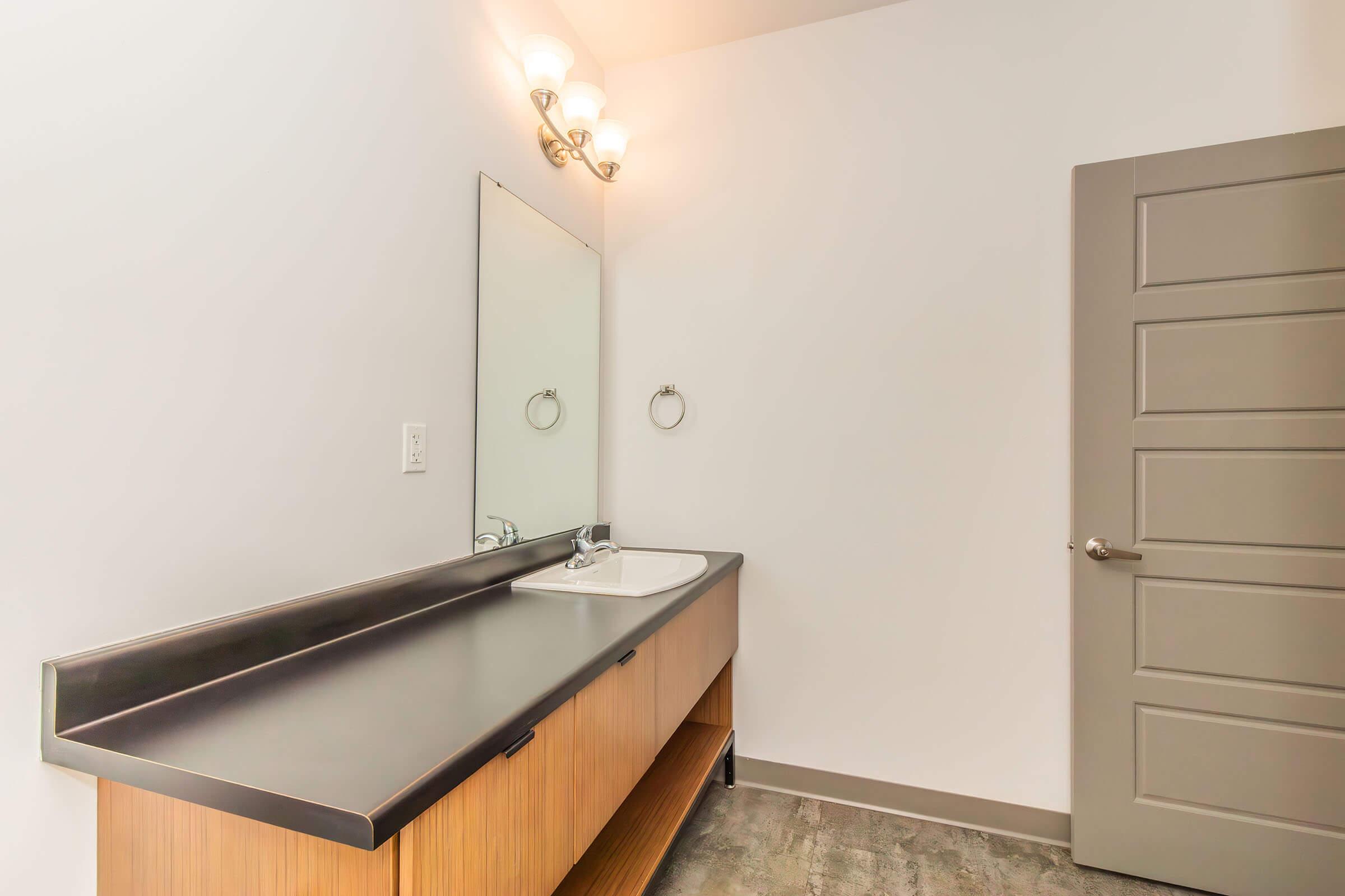 Modern bathroom interior featuring a long countertop with a sink, a large mirror above it, and a light fixture with three bulbs. The walls are painted white, and there is a grey door with a panel design. The flooring is a grey tile, enhancing the contemporary feel of the space.