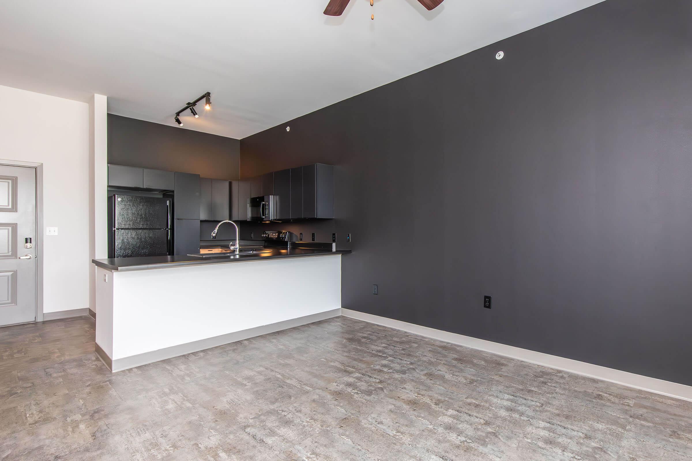 Modern kitchen and living space featuring a dark accent wall, open layout with concrete flooring, stainless steel appliances, and a ceiling fan. The kitchen island includes a sink, and there are minimal furnishings, creating a spacious and contemporary environment.