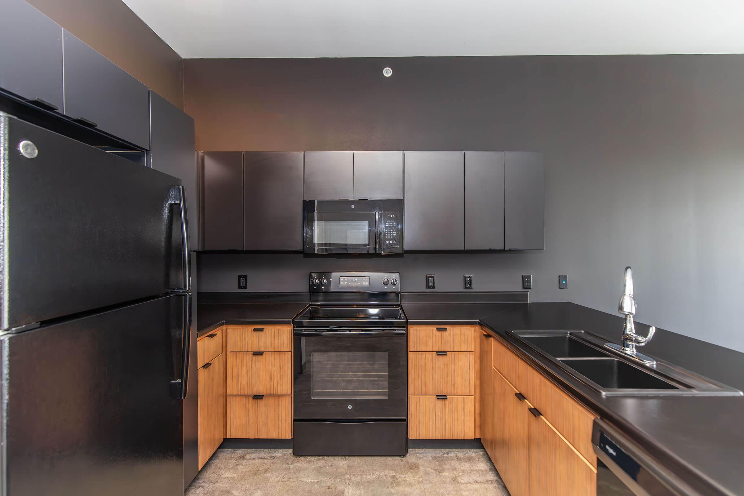 Modern kitchen featuring sleek black cabinetry, a dark countertop, a black refrigerator, and an integrated microwave. The appliances include a black oven and dual sink. The walls are painted a dark color, creating a contemporary feel with a minimalist design.