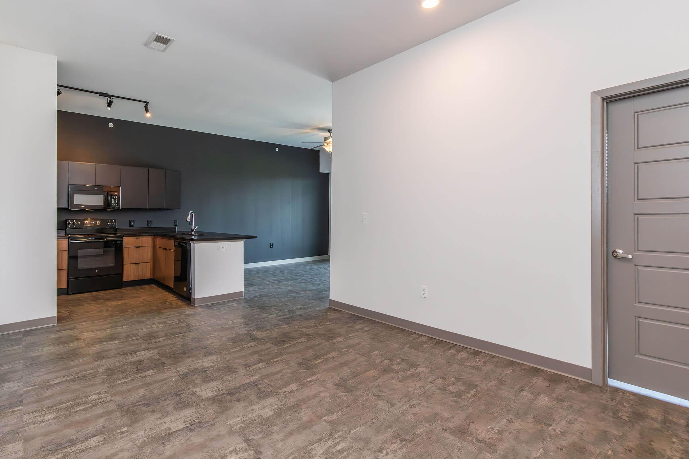 Spacious interior view of a modern apartment featuring an open floor plan, with a kitchen area visible in the background. The kitchen has dark cabinets and appliances. A doorway leads to another room on the right, while the wall opposite is painted dark gray, enhancing the contemporary design.