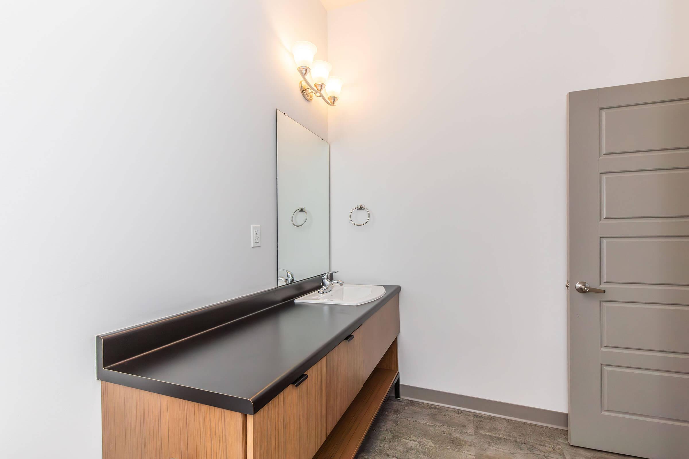A modern bathroom featuring a sleek black countertop with a sink, a large mirror above, and a light fixture with three bulbs. There is a wooden vanity below the countertop for storage. A towel holder is mounted on the wall, and a gray door leads to another area. The walls are painted white, creating a bright atmosphere.