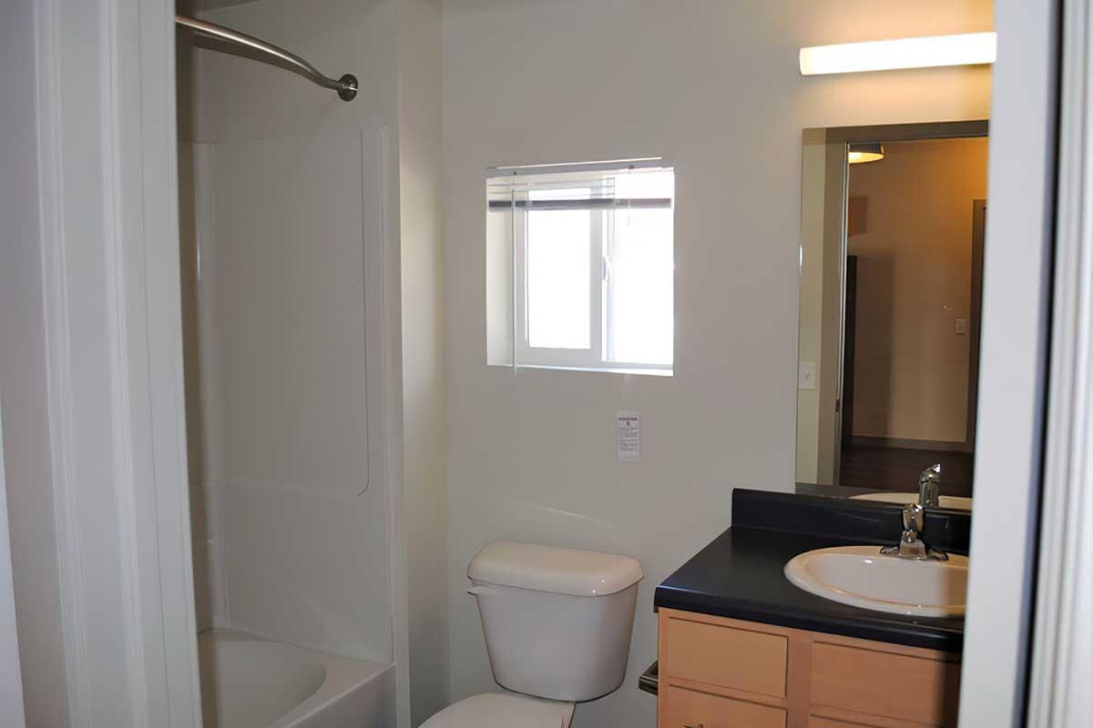 A small bathroom featuring a white toilet, a sink with a dark countertop, and a shower stall.