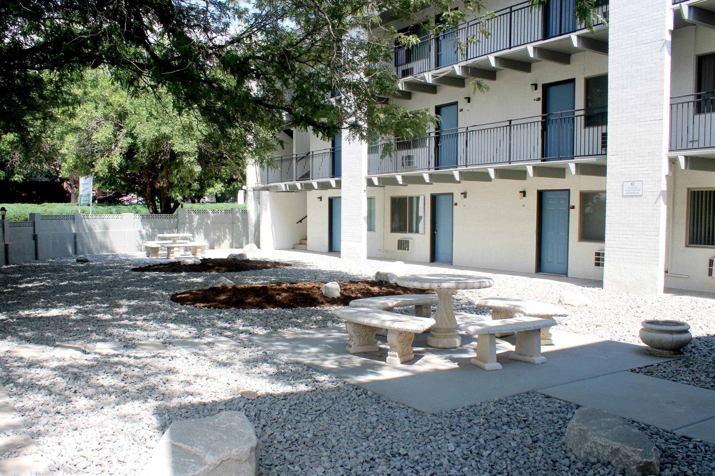 a bench in front of a building