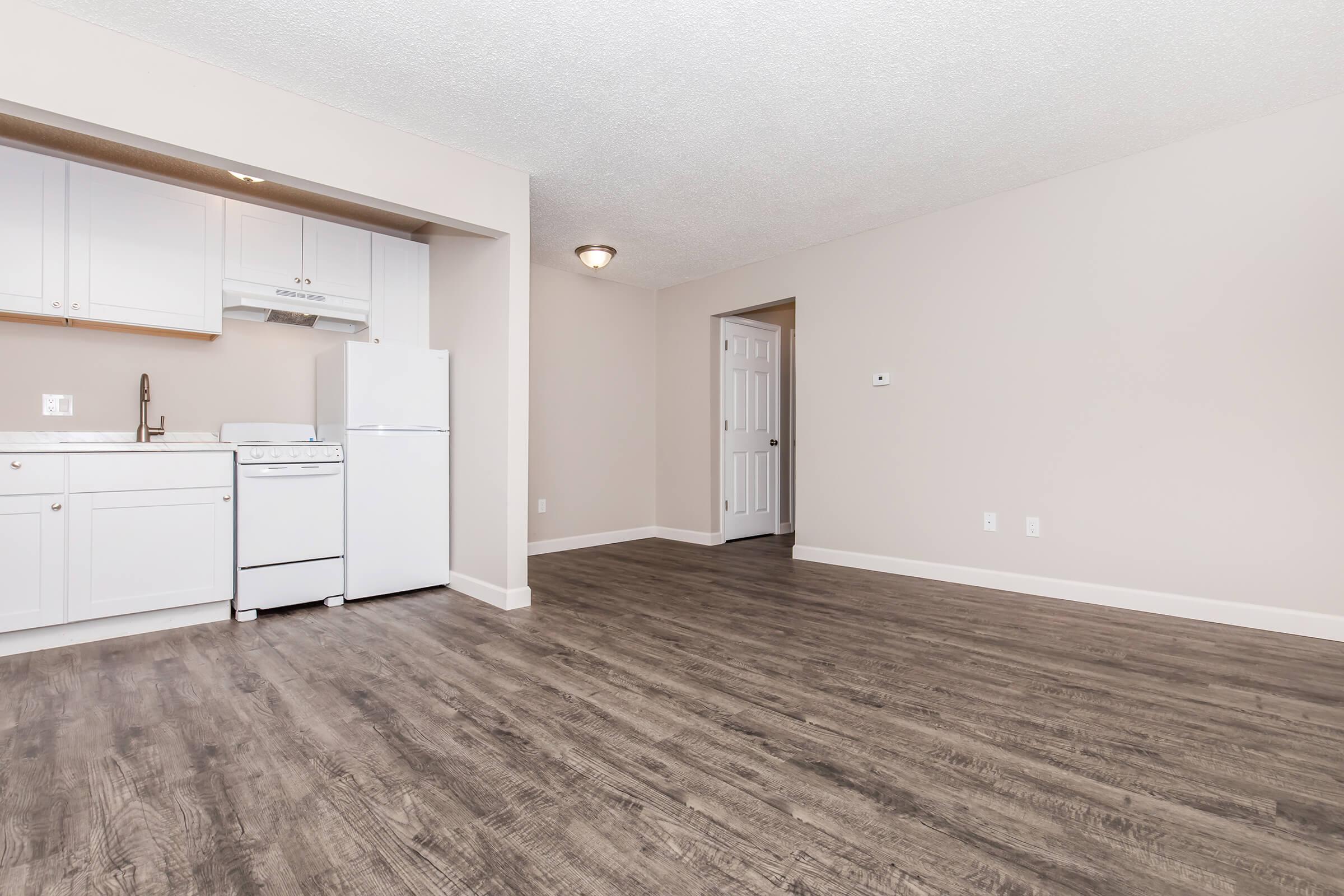 Interior of a modern, empty apartment showcasing a kitchen area with white cabinets, a stove, and a refrigerator. The living space features light-colored walls and dark wood-like flooring, with an adjoining door leading to a hallway. Ample natural light fills the room, giving it a spacious feel.