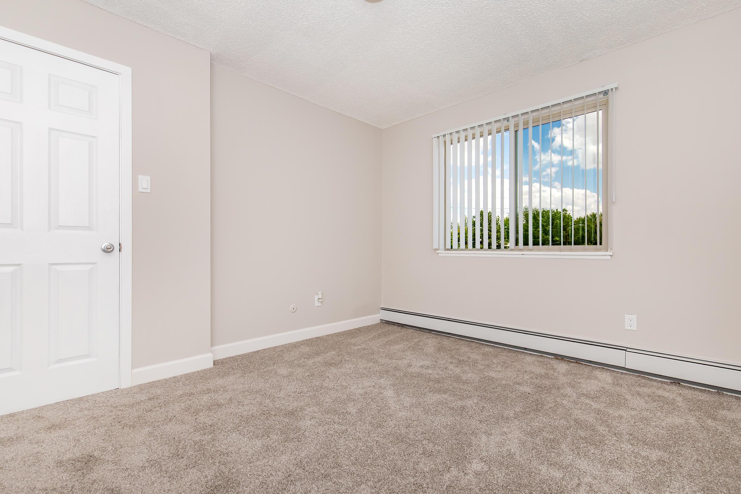 A vacant room with beige walls and light-colored carpet. There is a white door on the left and a window with vertical blinds, showcasing a view of clouds and greenery outside. The room has a clean and spacious feel, with no furniture present.