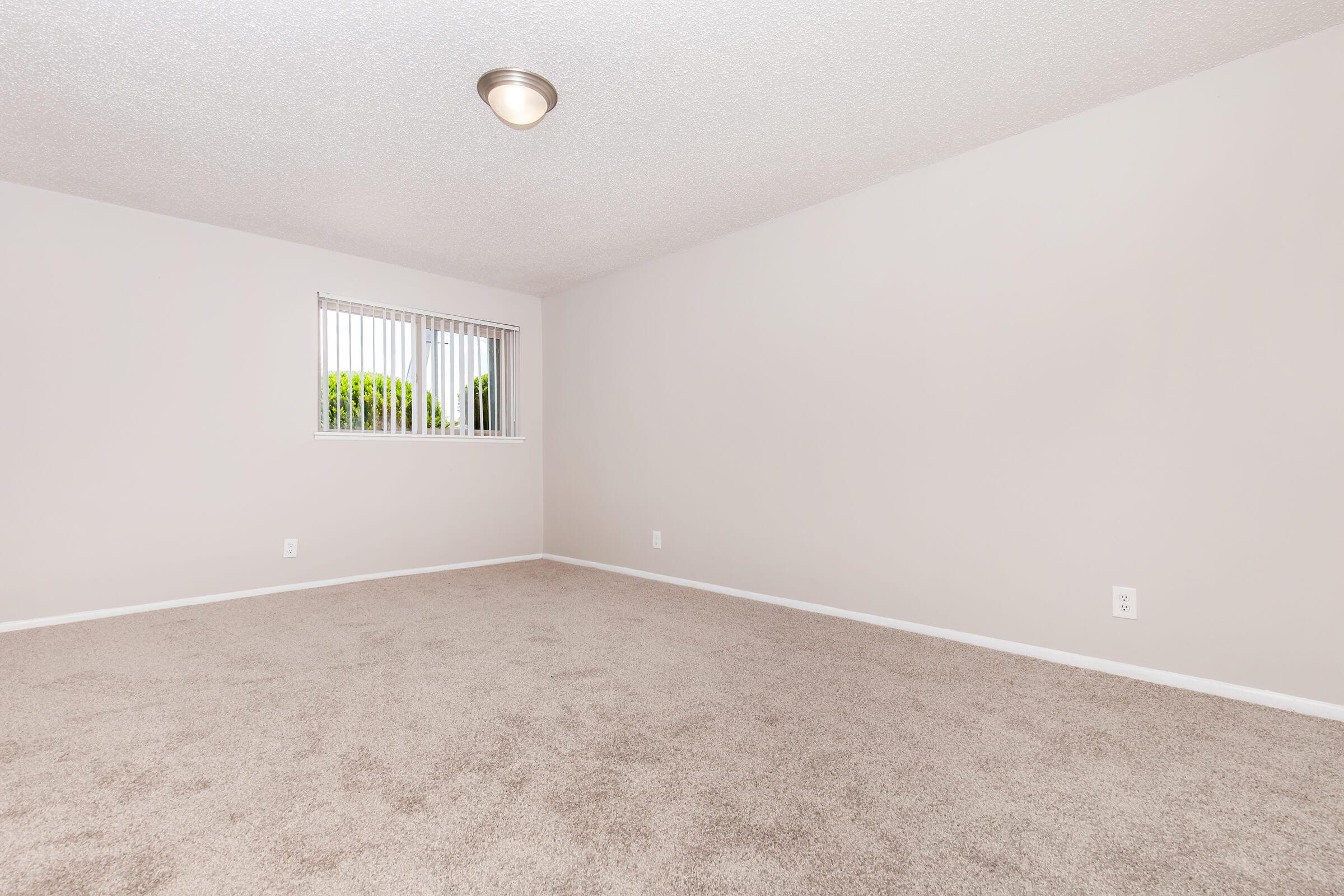 A spacious, empty room with light beige carpet and textured walls. There is a small window with vertical blinds, allowing natural light in. The ceiling has a simple light fixture, and the color palette is neutral, giving the room a bright and airy feel.