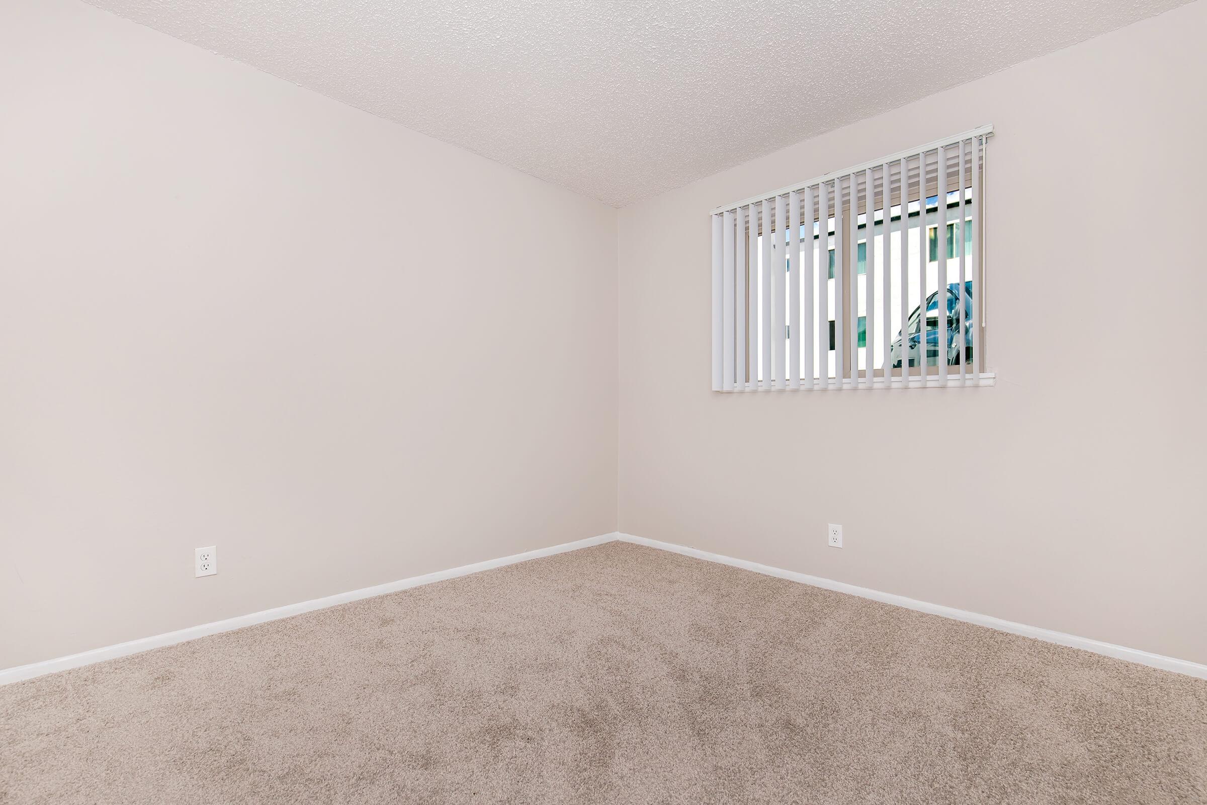 Empty room with light beige walls and a light carpet. A window with vertical blinds is situated on one wall, allowing natural light to enter. The space is unfurnished and appears clean, offering a blank canvas for decoration or use.