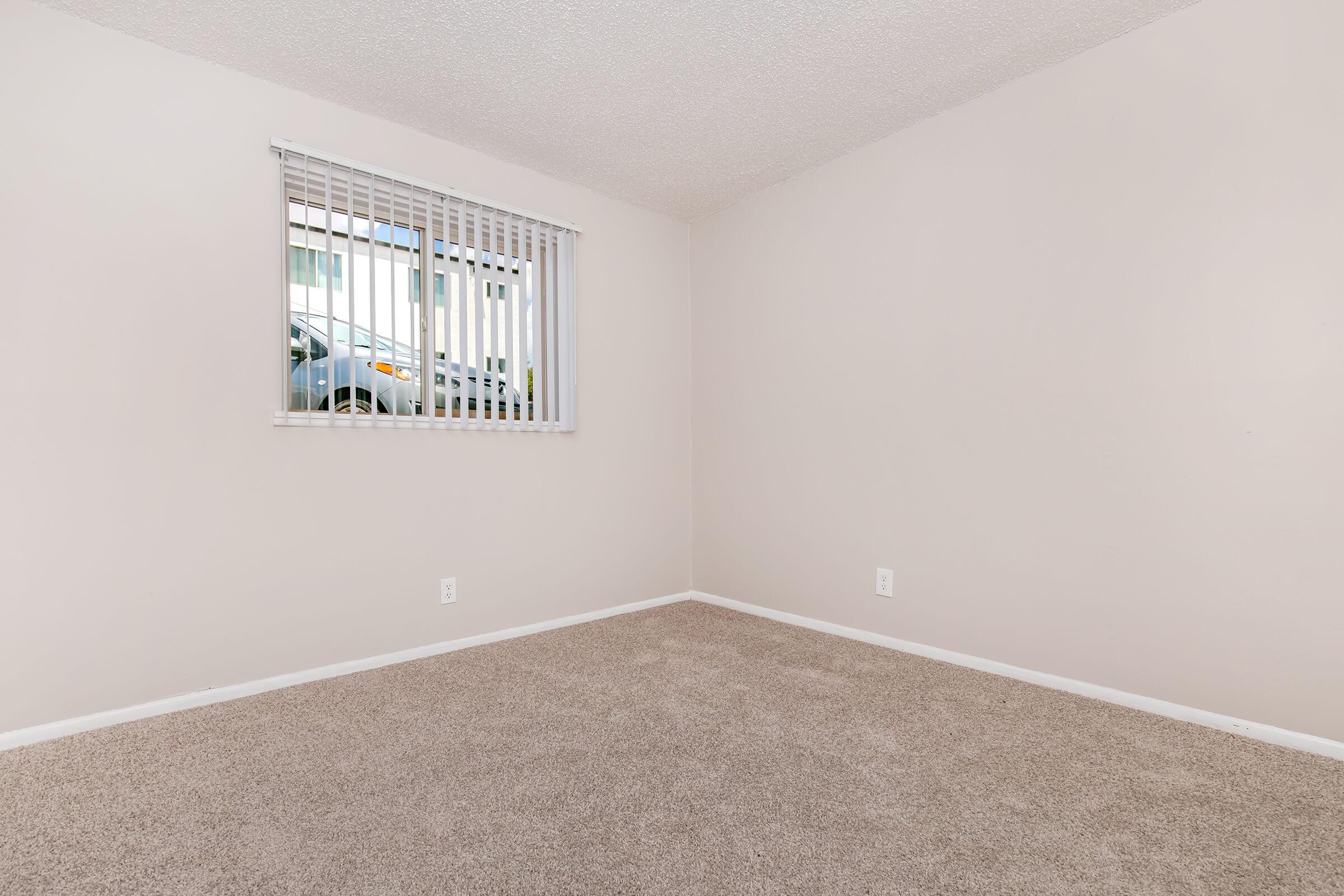 A vacant room with light-colored walls and beige carpet. There is a window with white vertical blinds allowing natural light, and a view of a vehicle parked outside. The space is empty, creating a minimalist and airy atmosphere.