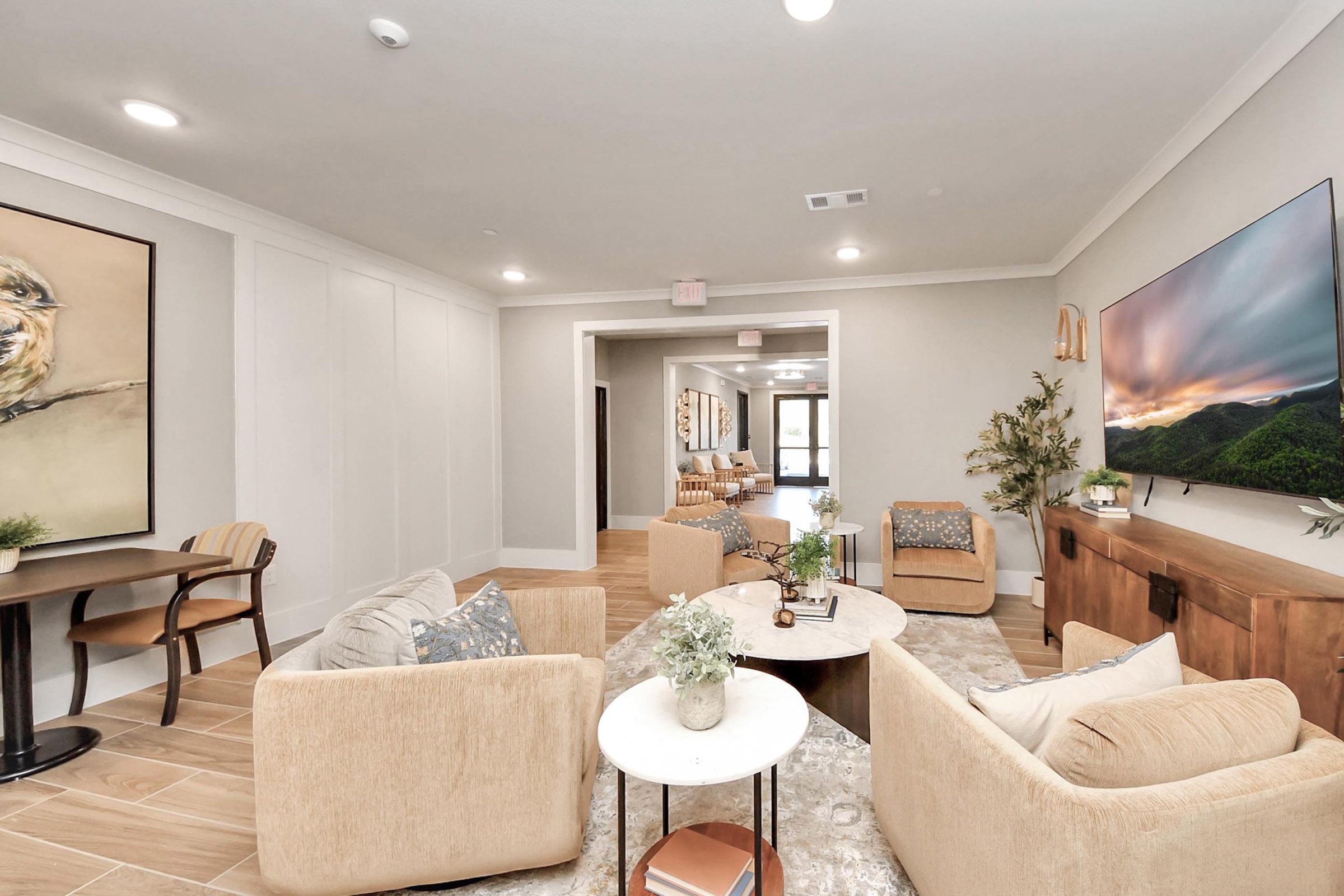 A modern living space featuring two plush chairs and a small round table, complemented by decorative plants. A large TV mounted on the wall displays a scenic landscape. Natural light fills the room, enhancing the warm color palette and stylish decor.