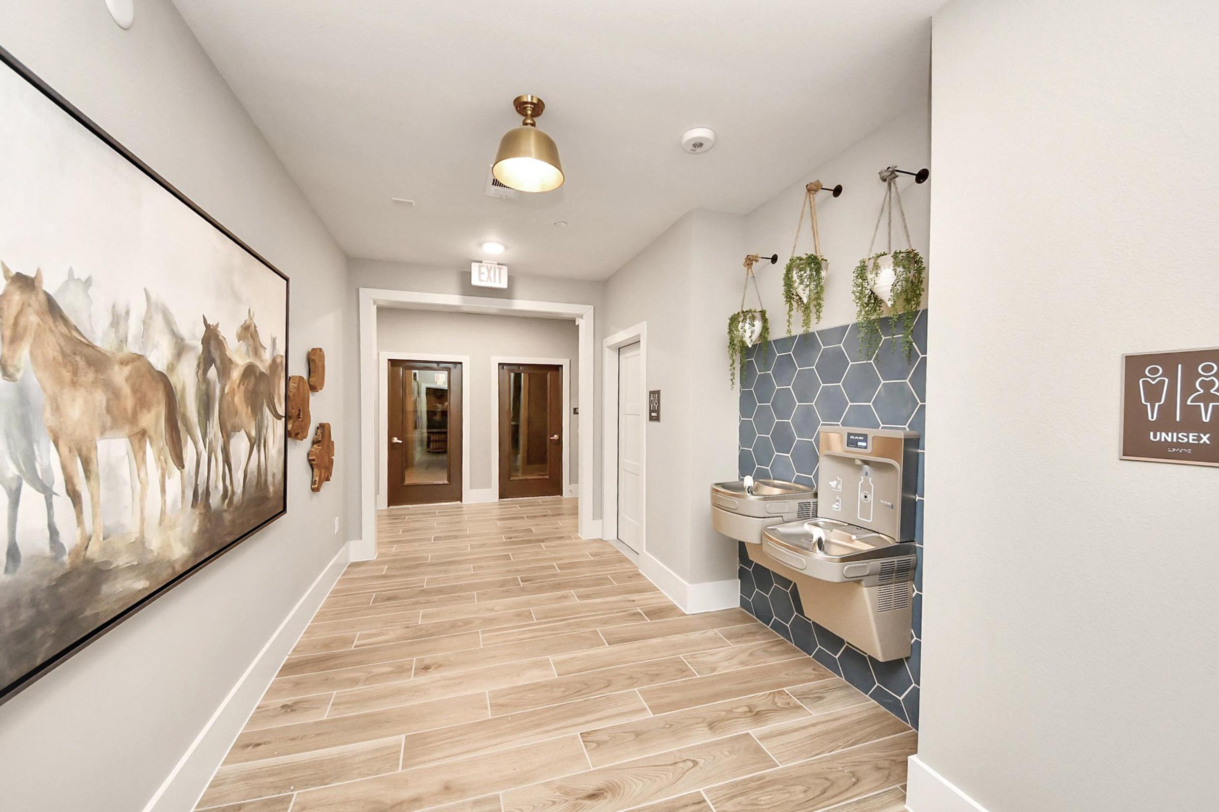A corridor featuring a large painting of horses on the left, two water fountains with hanging plants on the right against a blue hexagonal tile backdrop, and signs indicating a unisex restroom. The flooring is light wood, and there are doors at the end of the hallway.