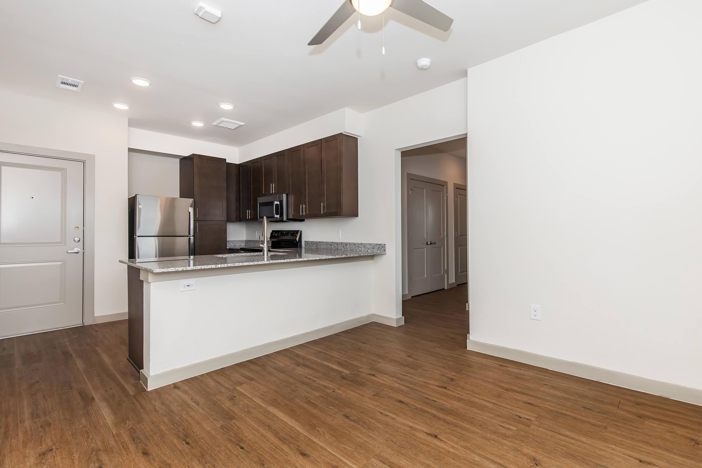 Modern kitchen and living space featuring stainless steel appliances, dark cabinetry, and granite countertops. The room has a ceiling fan, recessed lighting, and a neutral color palette, with hardwood-style flooring. A doorway leads to additional living areas.