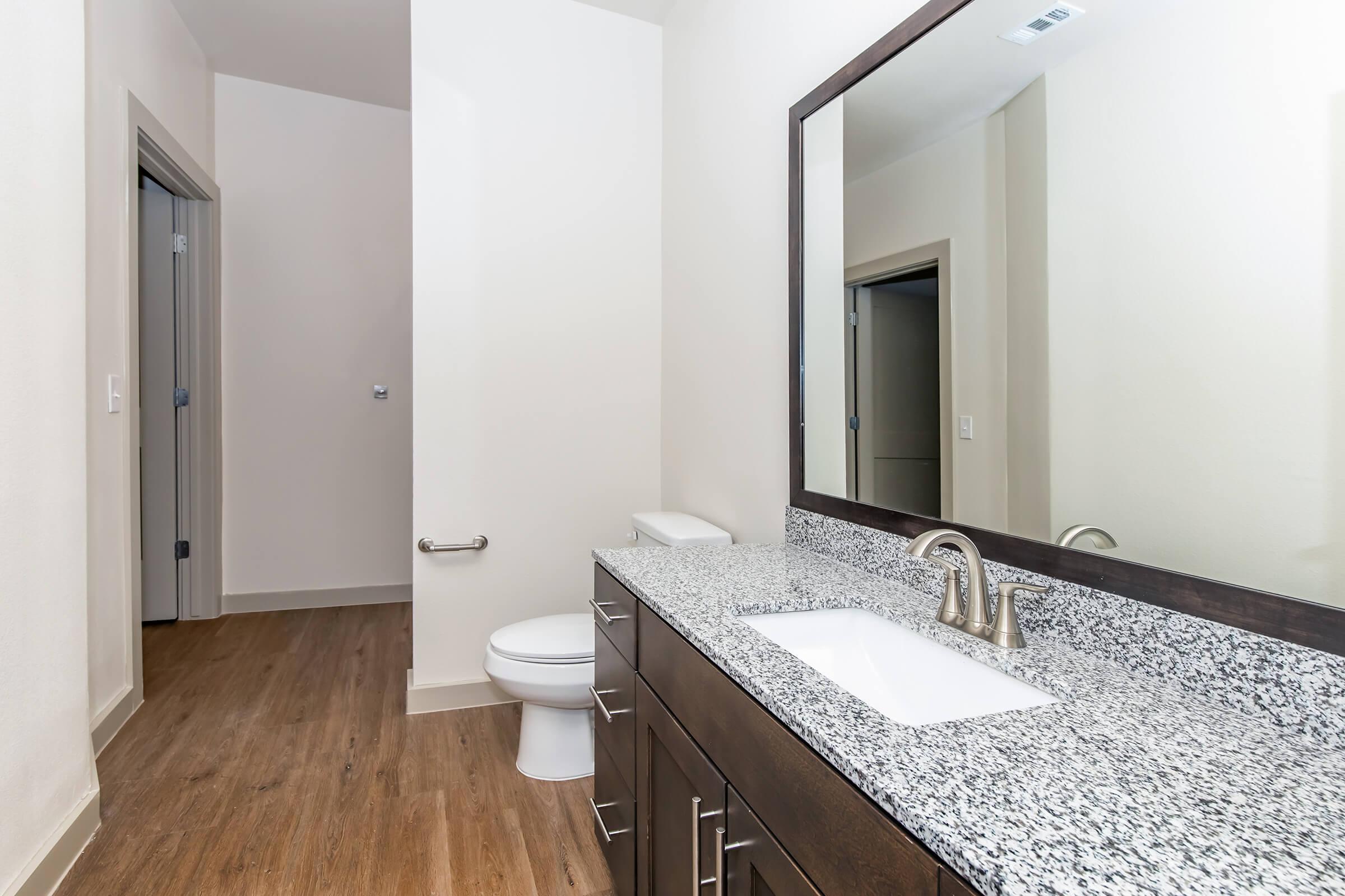 A modern bathroom featuring a granite countertop with a single sink, a large mirror above, a white toilet, and light-colored walls. The floor is wood laminate, and there is a door leading to another room in the background.