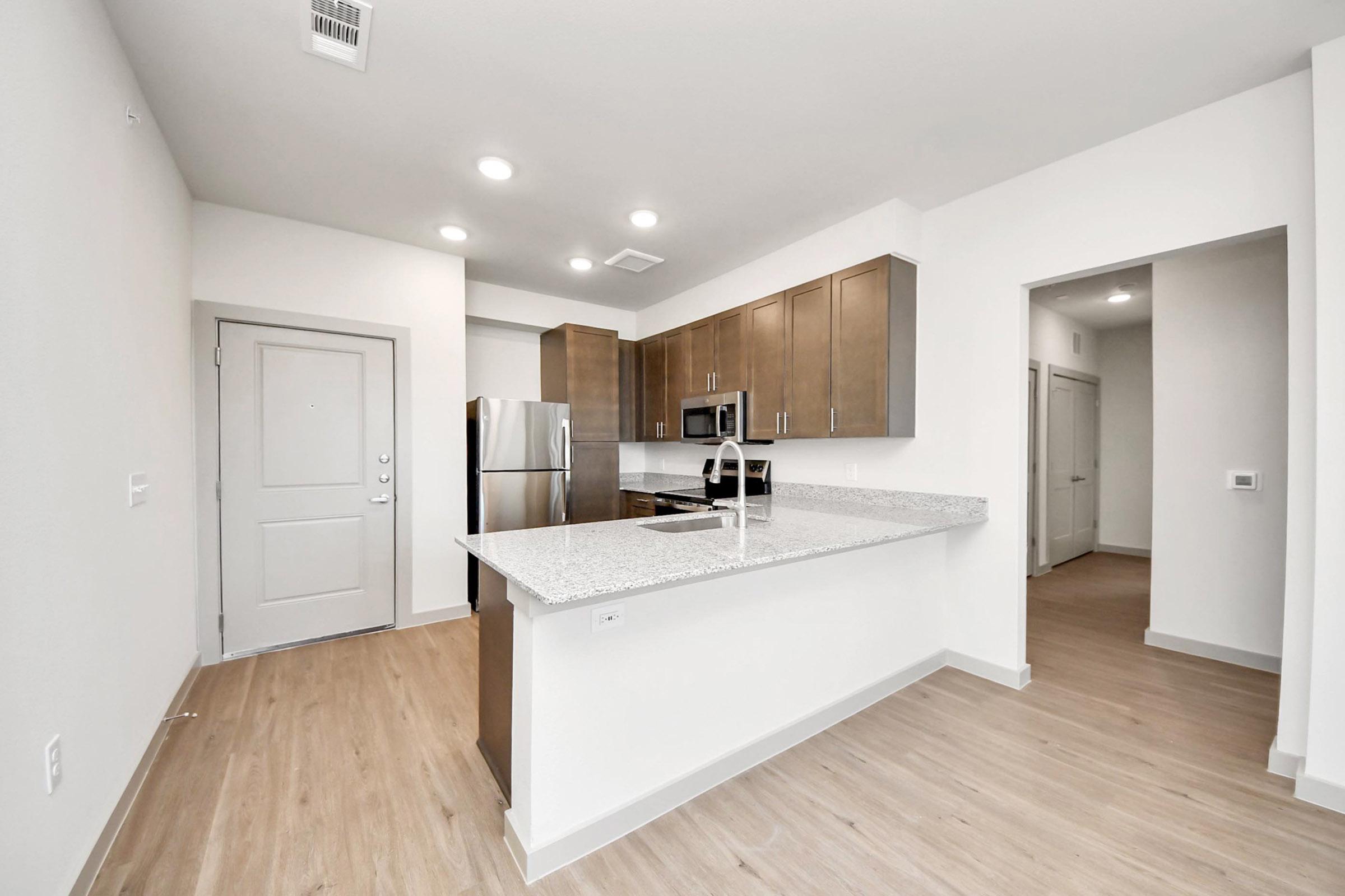 Modern kitchen and living area featuring an island with a sink, granite countertops, stainless steel appliances, and ample cabinetry. The open layout leads to a doorway and hallway, with natural light illuminating the space from overhead lighting and a nearby entrance.