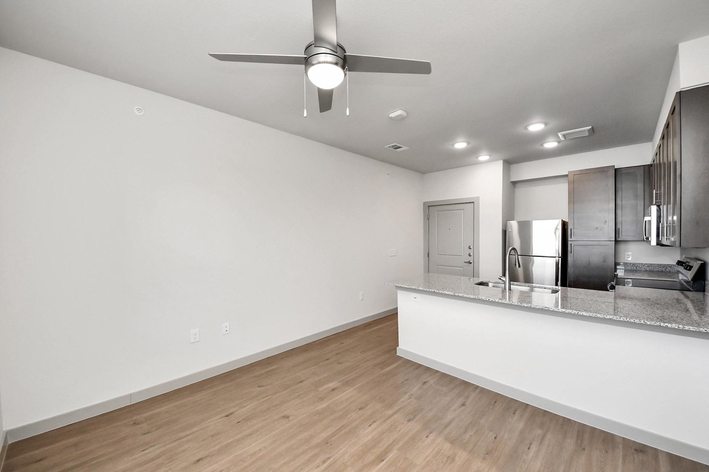 A spacious, modern apartment interior featuring a kitchen with stainless steel appliances, a granite countertop, and a ceiling fan. The walls are light-colored, and the floor is wooden. There is an open living area with ample natural light.