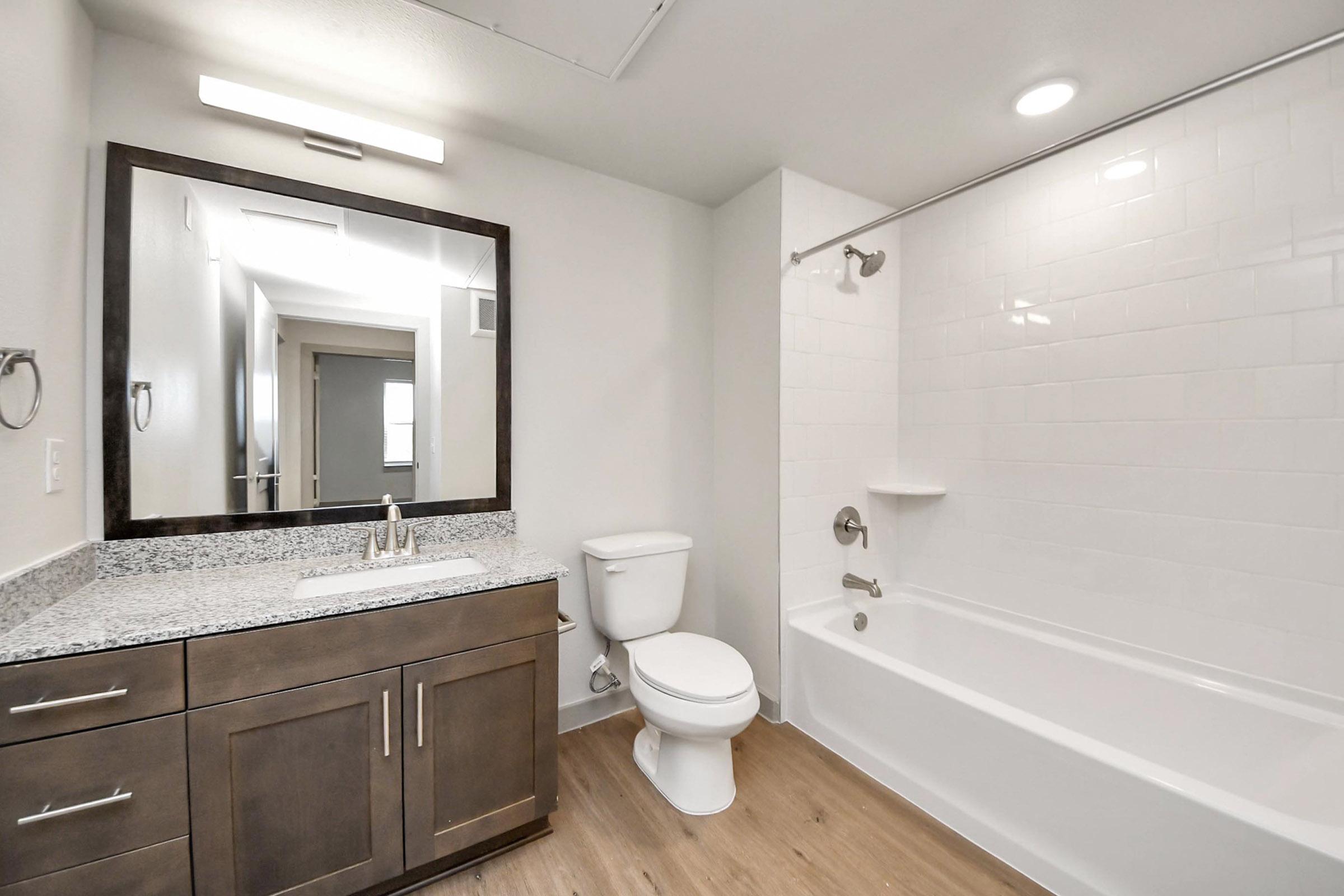 A modern bathroom featuring a white tiled bathtub with a shower, a sleek vanity with a granite countertop and double sink, a large mirror, a toilet, and wooden flooring. The walls are painted in a neutral color, and there is good lighting overhead. A door in the background leads to another room.