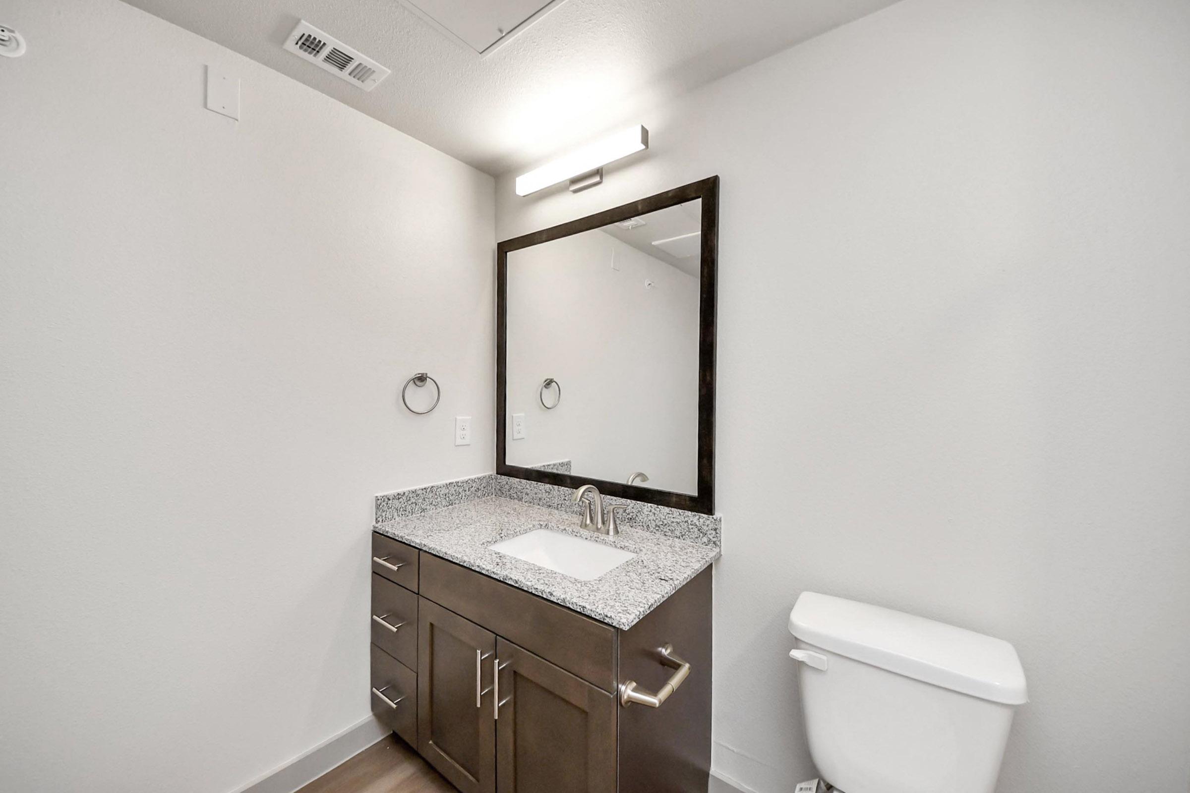 A modern bathroom featuring a granite countertop vanity with a single sink, a large rectangular mirror above, a towel ring, and a white toilet. The walls are painted light gray, and there is overhead lighting. The flooring is a light wood finish, creating a clean and contemporary look.
