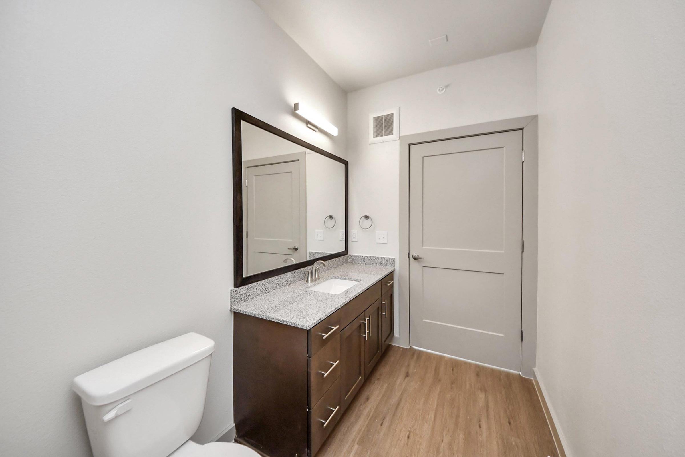 A modern bathroom featuring a granite countertop vanity with a sink, a large mirror above, a white toilet, and a light wood floor. The walls are painted in a soft neutral color, and there is a closed door in the background. The overall design is sleek and minimalist.