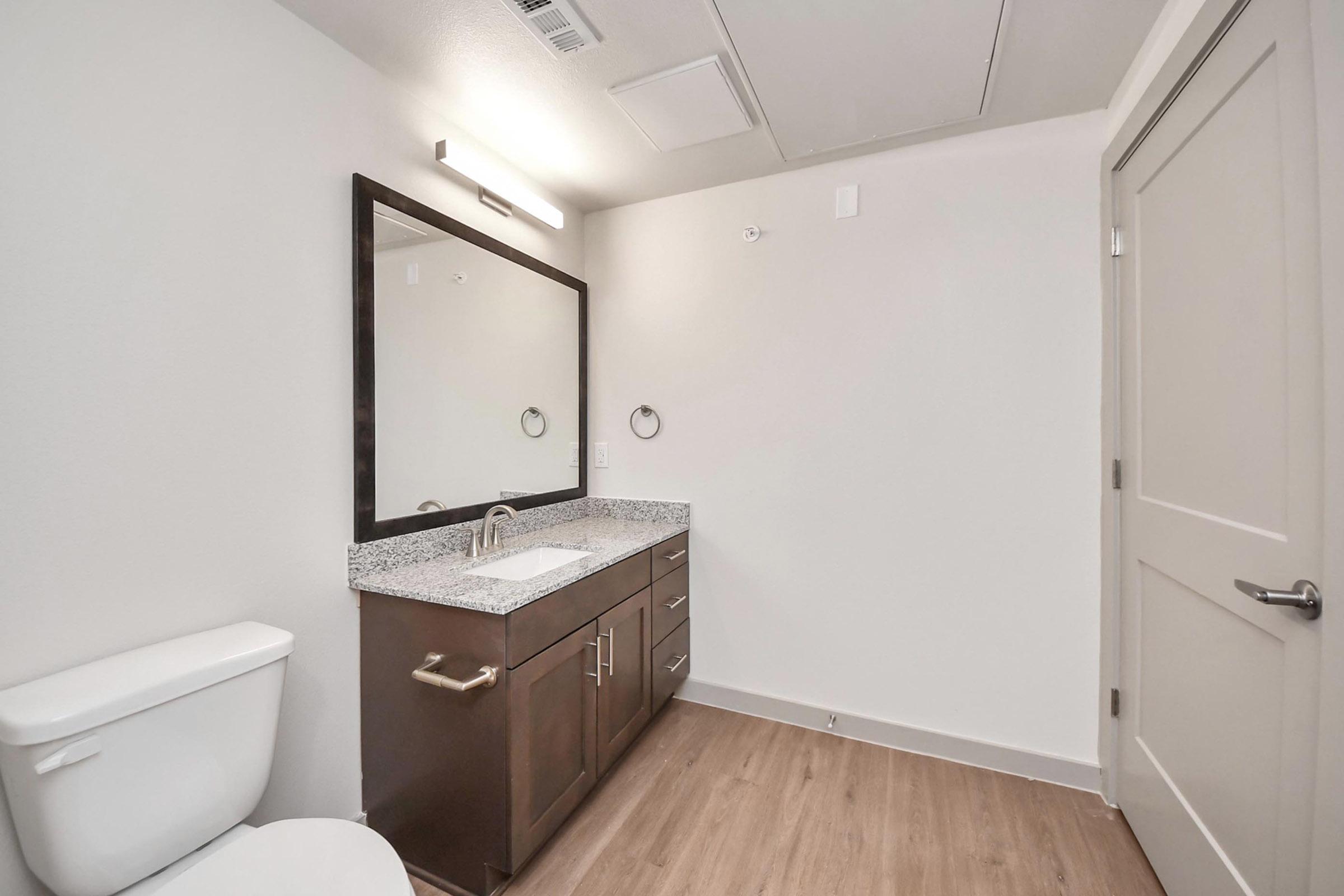 A modern bathroom featuring a white toilet, a dark wood vanity with a granite countertop, and a large mirror with overhead lighting. The floor is finished with light-colored wood. The walls are painted in a neutral tone, and a door is visible on the right side of the image.