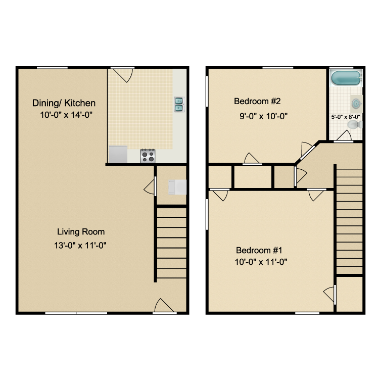 Floor plan image of 2 Bed 1 Bath Townhouse