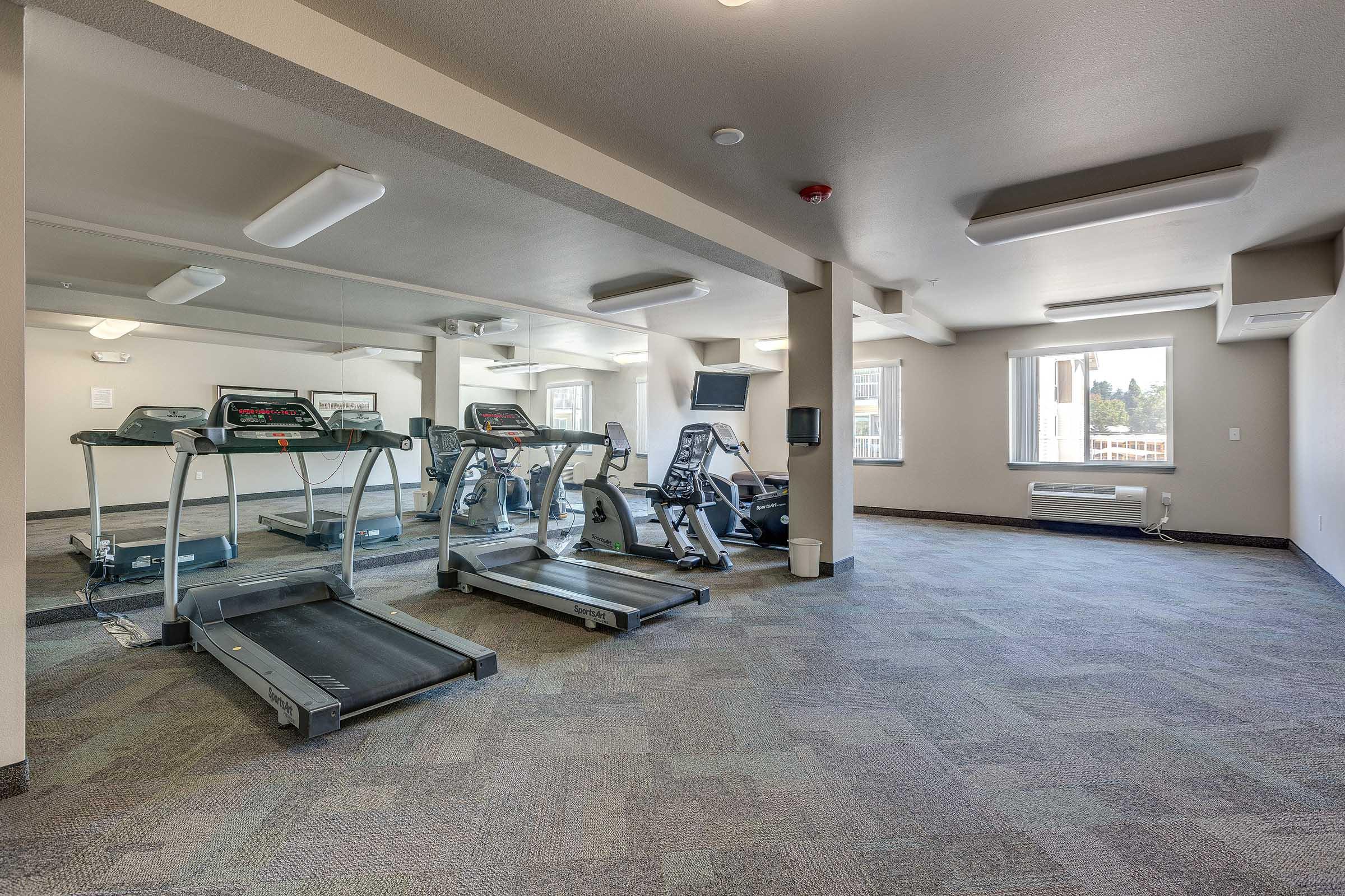 A spacious gym with multiple exercise machines including treadmills and an elliptical. Large mirrors reflect the equipment, and there are windows letting in natural light. The floor has a carpeted design, and the walls are painted a light color, creating a bright and inviting workout environment.