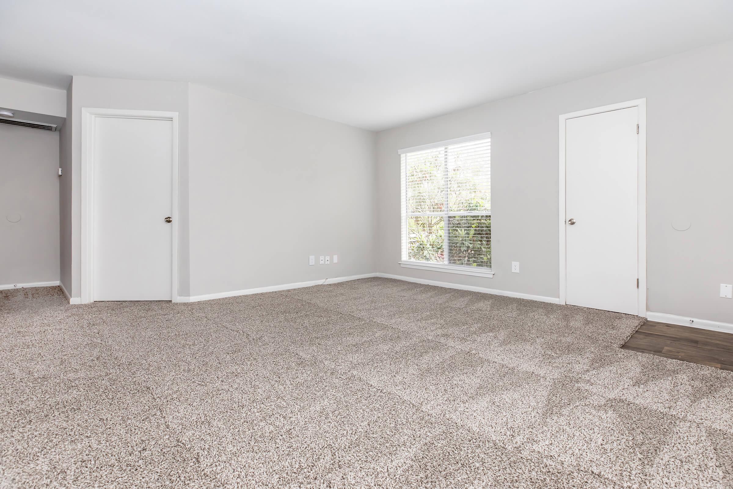 A spacious, empty room with light-colored walls and carpet. There are two white doors, one leading to a closet, and a window letting in natural light. The floor is beige carpet, and there are no furniture or decorations present, creating a clean and open space.