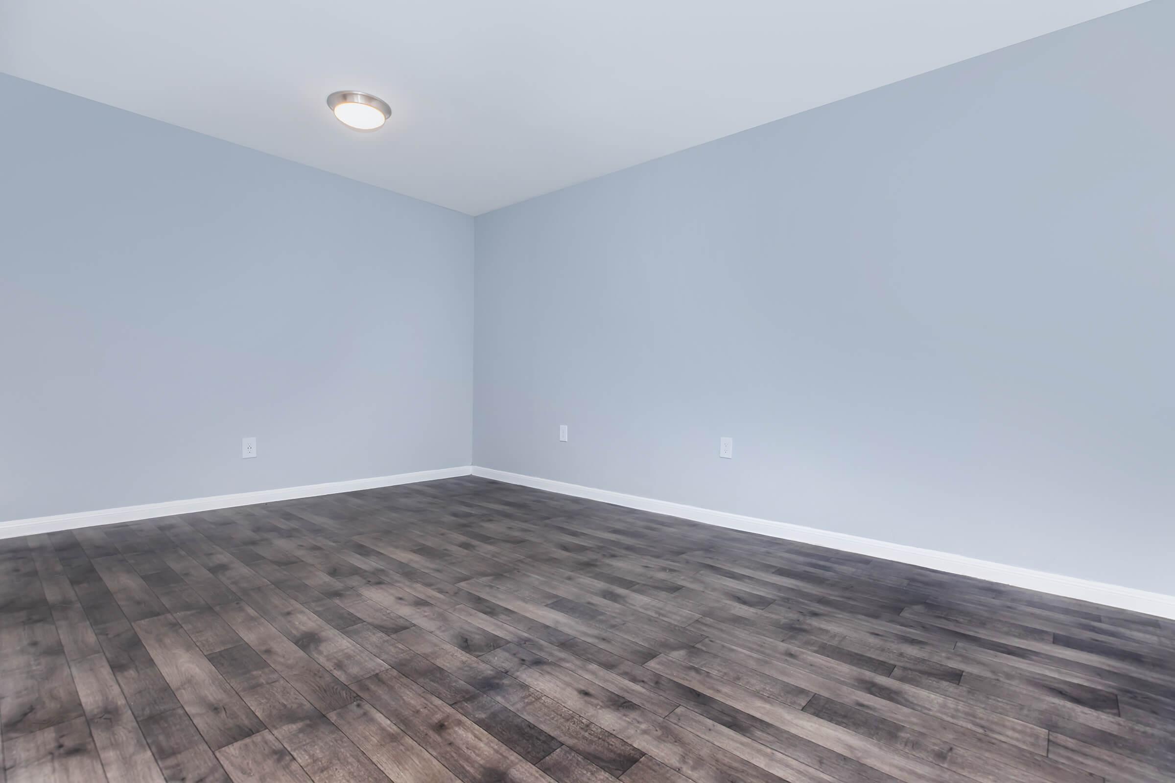 Empty room with light gray walls and dark wooden flooring. A ceiling light fixture is present, and there are no furniture or decorations, creating a spacious, minimalist appearance. The overall atmosphere is clean and ready for personal customization.
