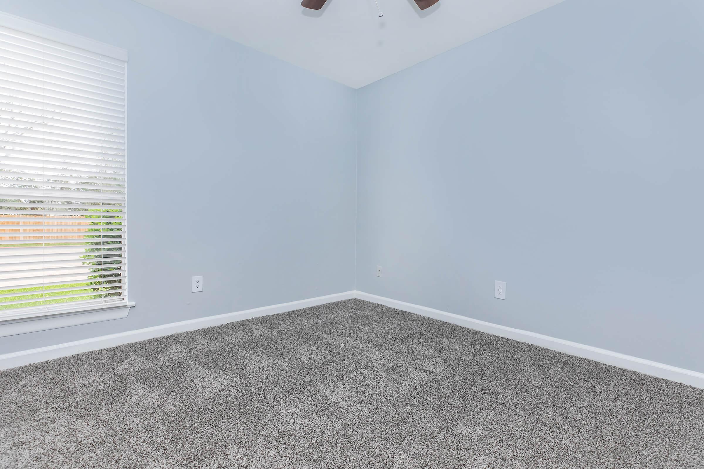 A spacious empty room with light blue walls and gray carpet. There is a window with white blinds allowing natural light in, and a ceiling fan is visible. The room is clean and uncluttered, providing a serene atmosphere.