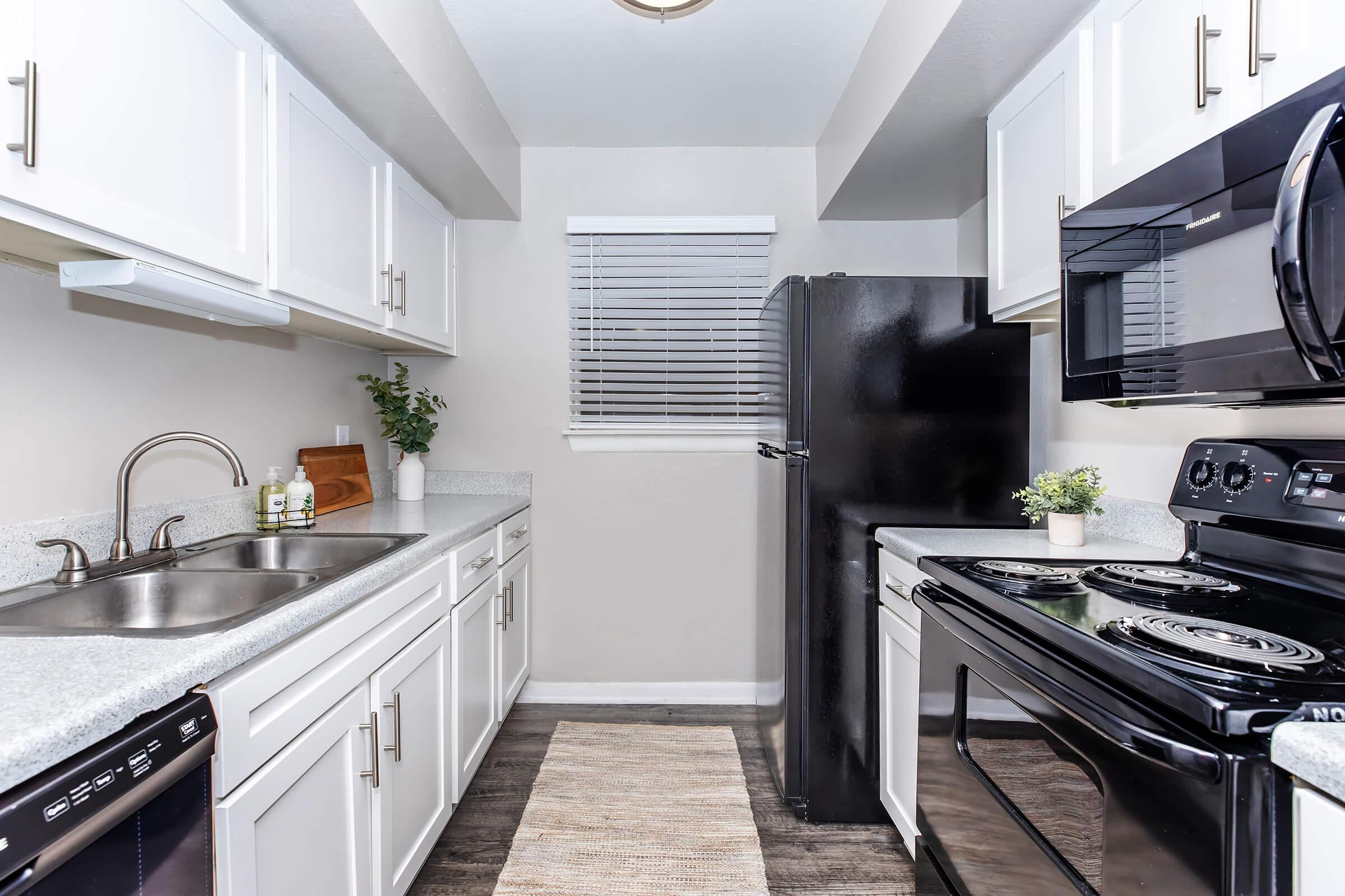 A modern kitchen featuring white cabinetry, a double sink, and stainless steel appliances. The space includes a black refrigerator and stove, a small rug on the floor, and a window with blinds letting in natural light. A few potted plants are placed on the countertop for decoration.