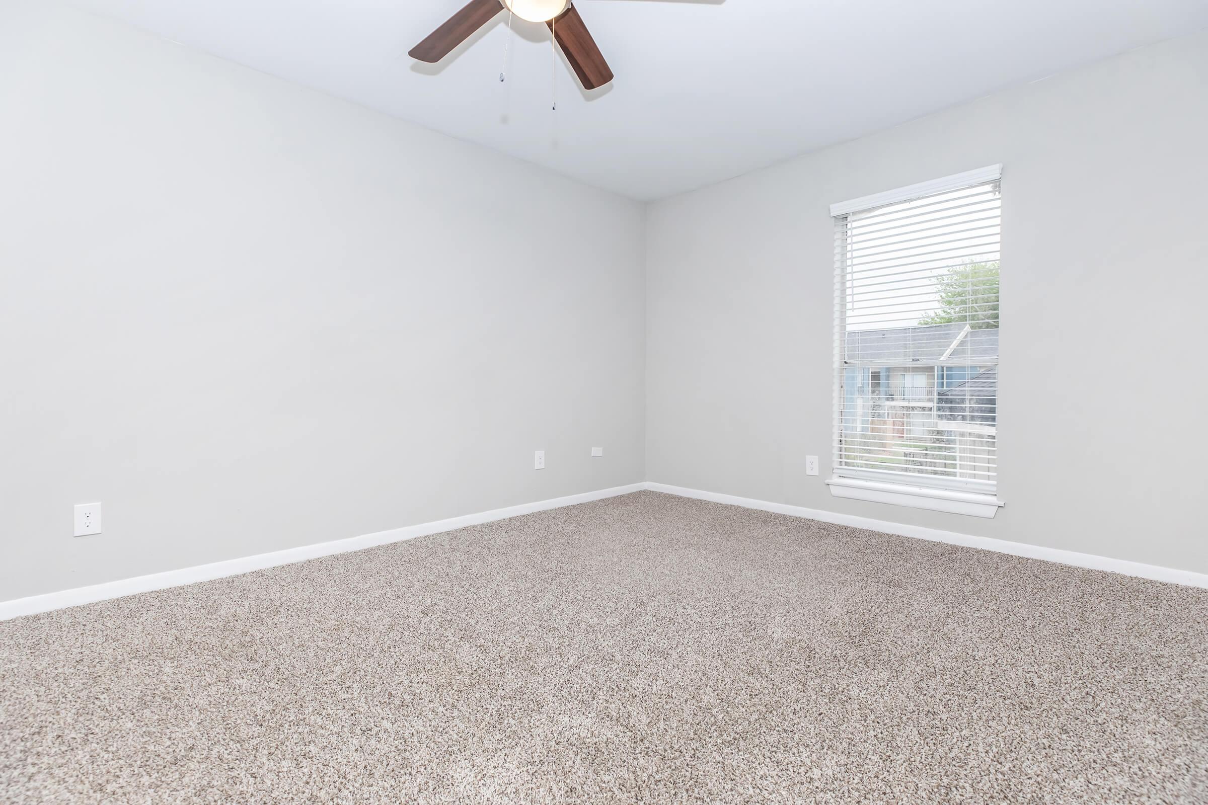 Empty room with light gray walls and a ceiling fan. The floor is covered in beige carpeting. A window with blinds allows natural light to enter, and there are no furnishings or decorations in the space, creating a minimalist and open atmosphere.