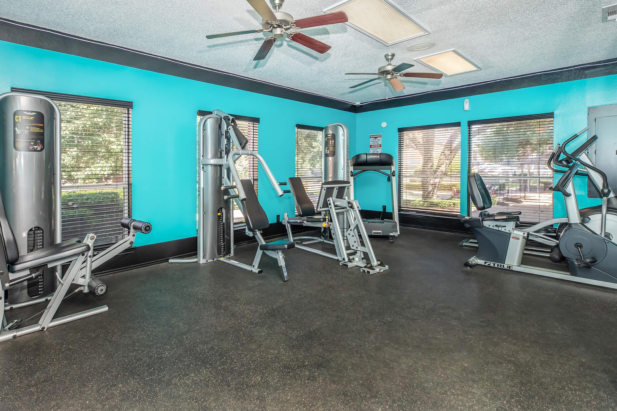 A well-lit gym featuring fitness equipment including exercise machines, weights, and cardio machines. The walls are painted turquoise, and large windows provide natural light. The flooring is dark and textured, contributing to a modern and inviting workout space.