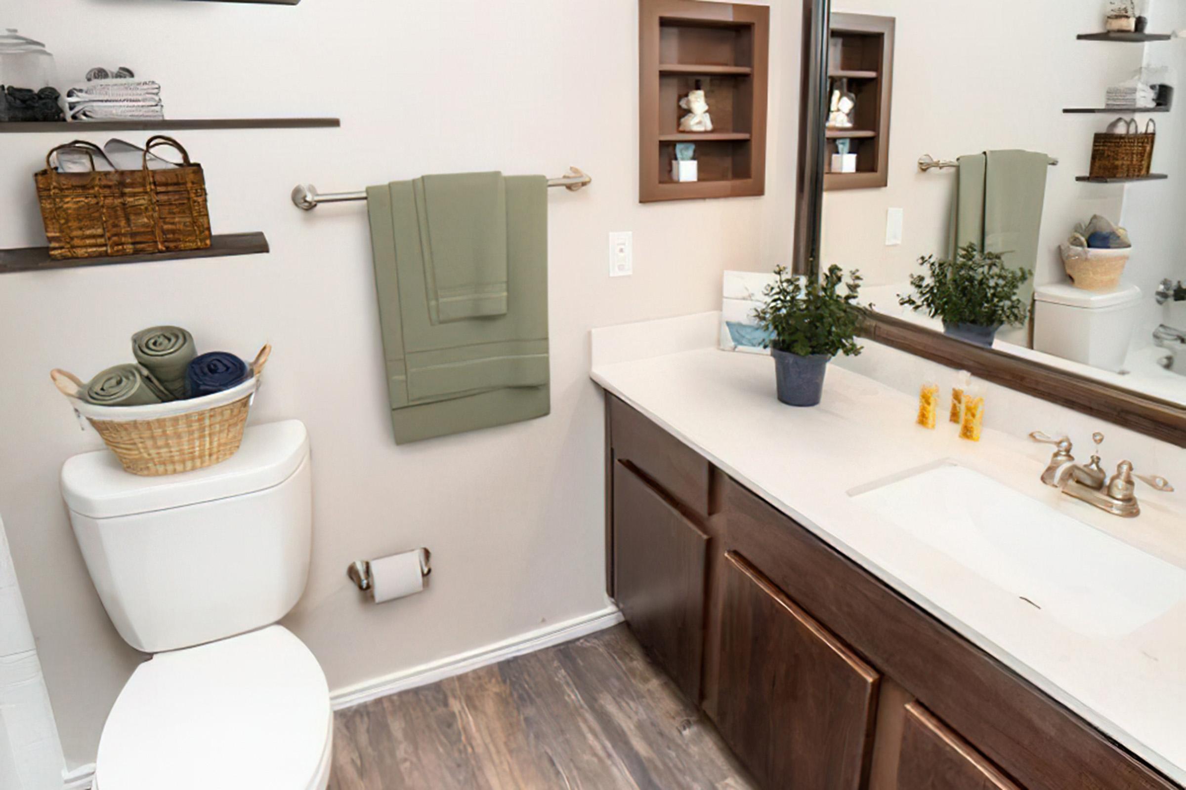 a kitchen with a sink and a mirror