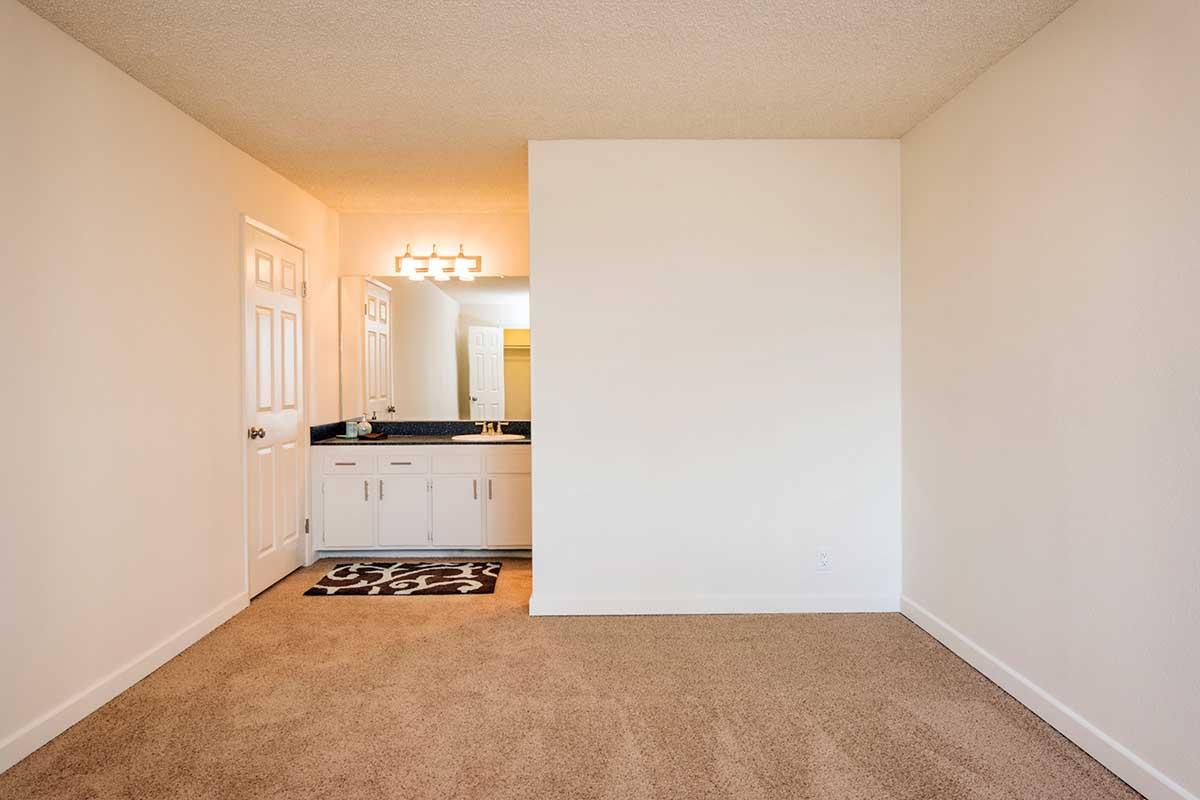 A brightly lit, empty room featuring beige carpet and white walls. There is a small bathroom sink area with a mirror and lighting above, and a simple black and white rug on the floor. The space feels fresh and ready for decoration.