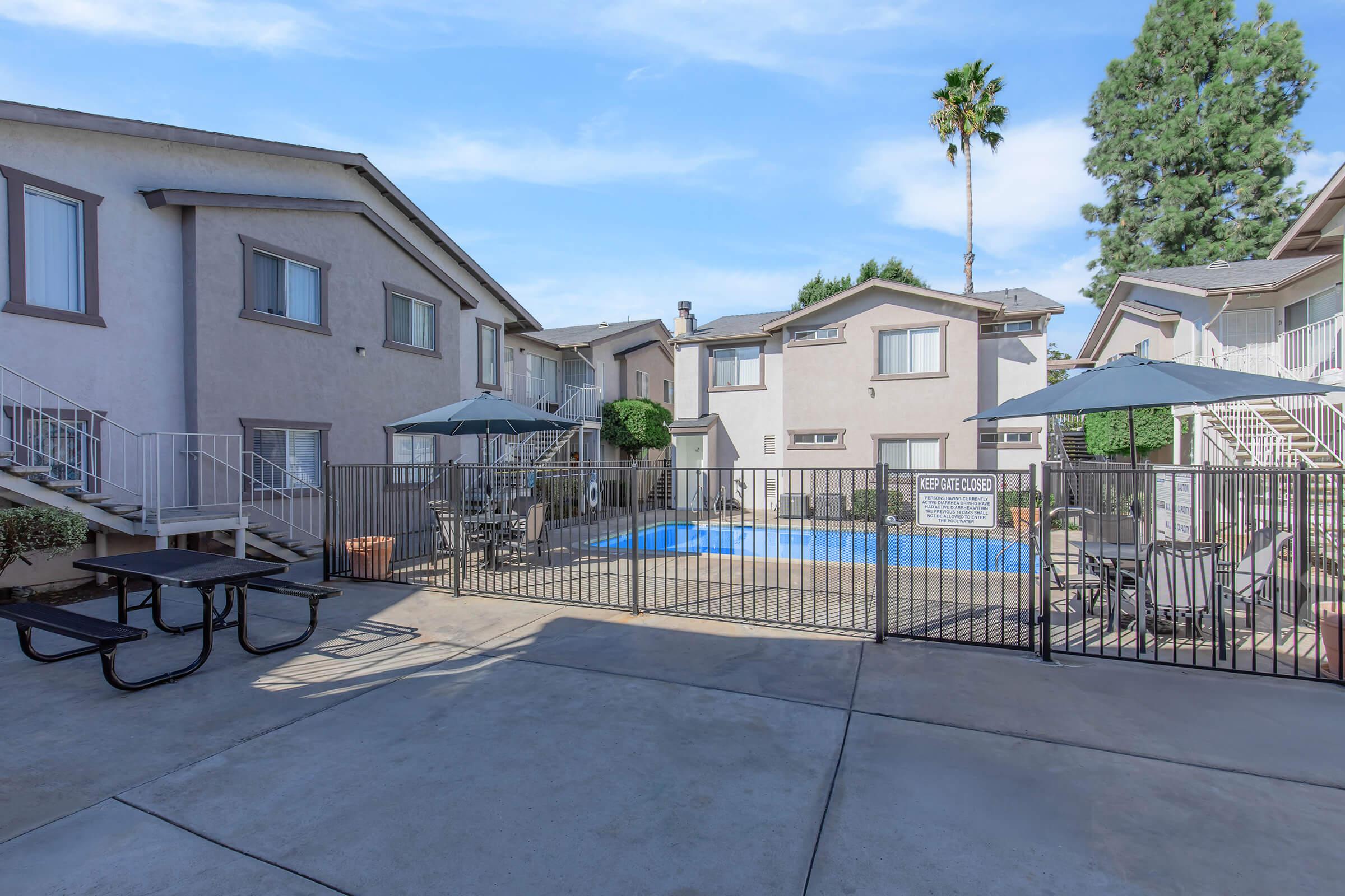 A view of a residential complex featuring a swimming pool surrounded by a black wrought-iron fence. There are picnic tables and umbrellas for shade. The area is flanked by two-story apartment buildings and palm trees are visible in the background, under a clear blue sky.