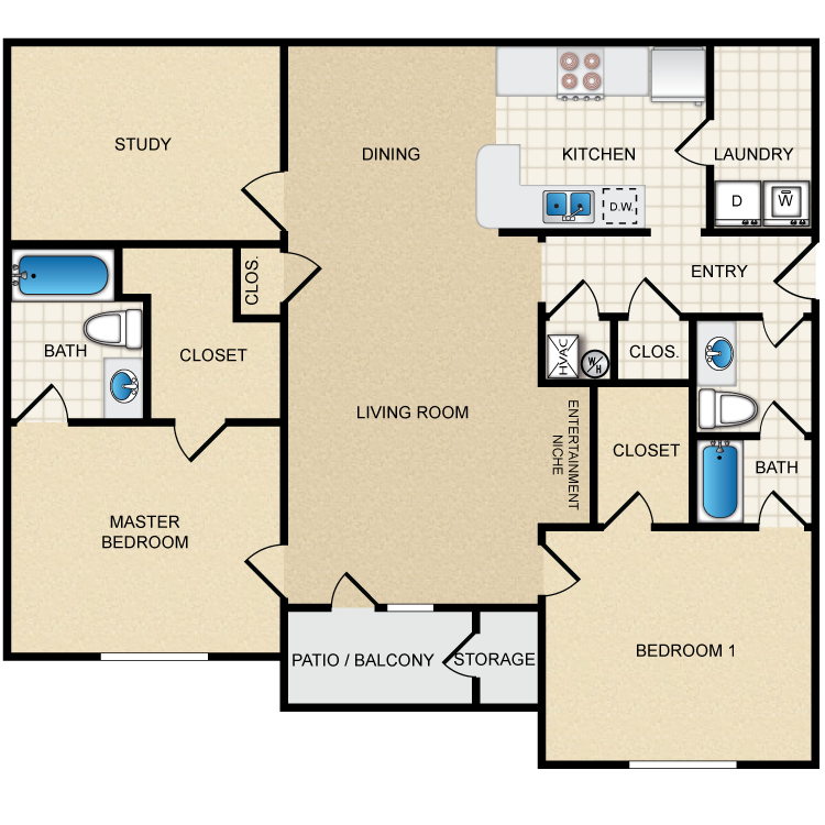 Floor plan image of 2B - 2 Bed 2 Bath with Study