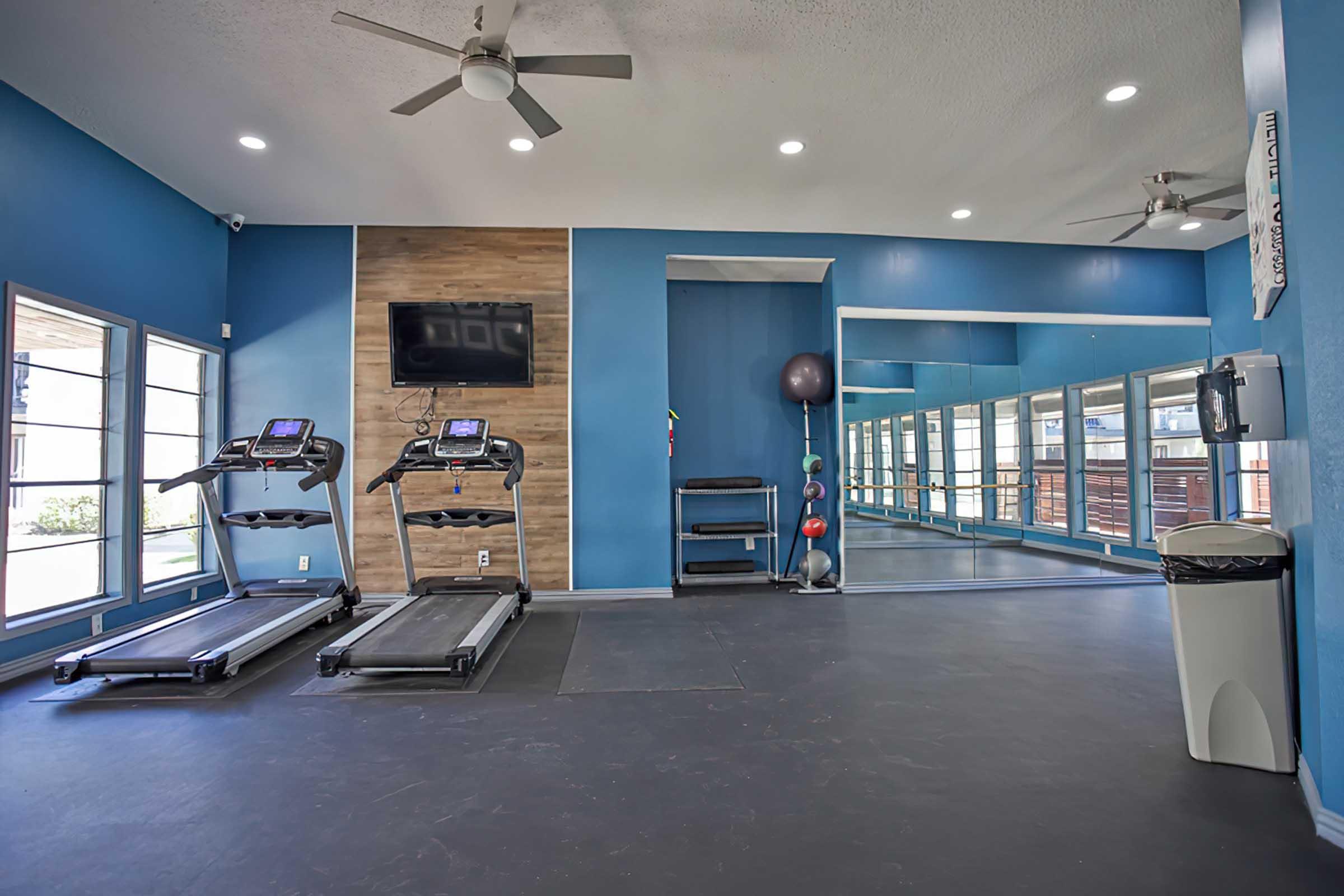 Interior view of a gym featuring two treadmills, a wall-mounted TV, a large mirror, and exercise equipment. The walls are painted blue, and there are large windows allowing natural light. The flooring is dark, and a trash bin is visible in the corner.