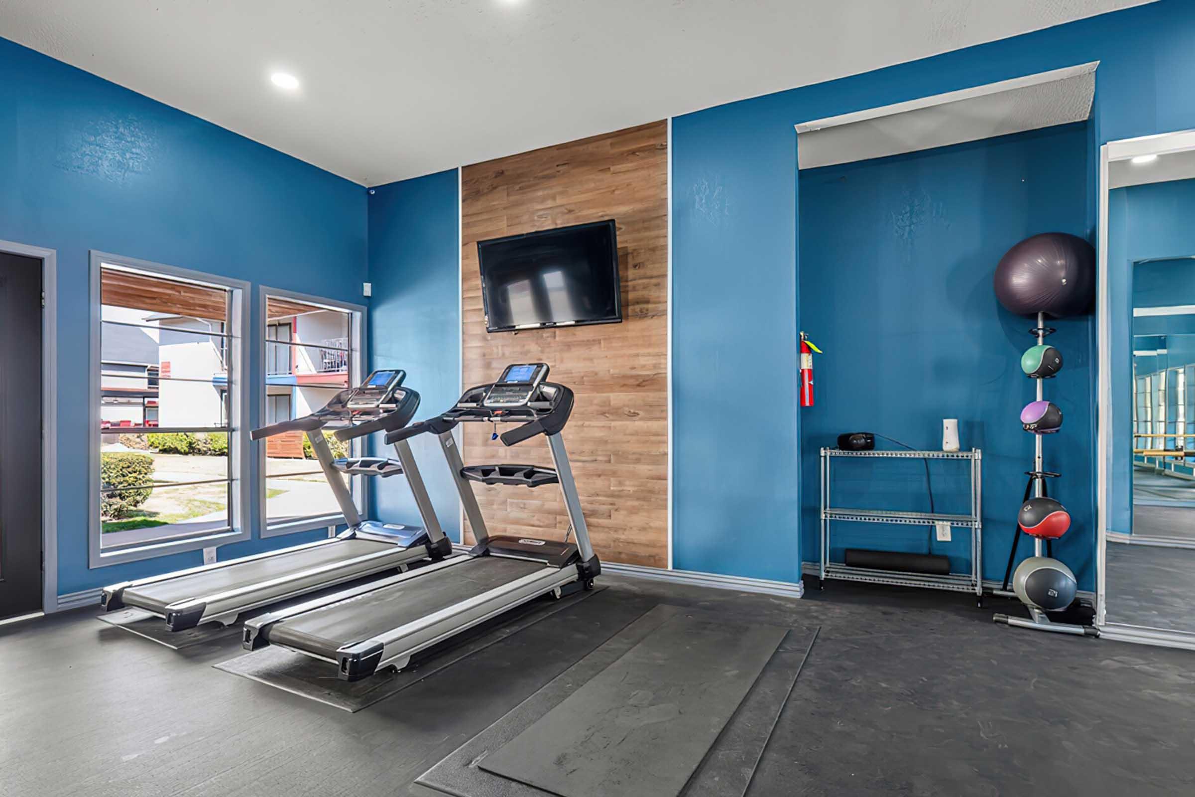 A modern fitness room featuring two treadmills, a large mirror, and a wall-mounted TV. The walls are painted blue with a wooden accent wall. A storage shelf holds fitness equipment, and there are exercise balls in various colors. Windows provide natural light to the space.