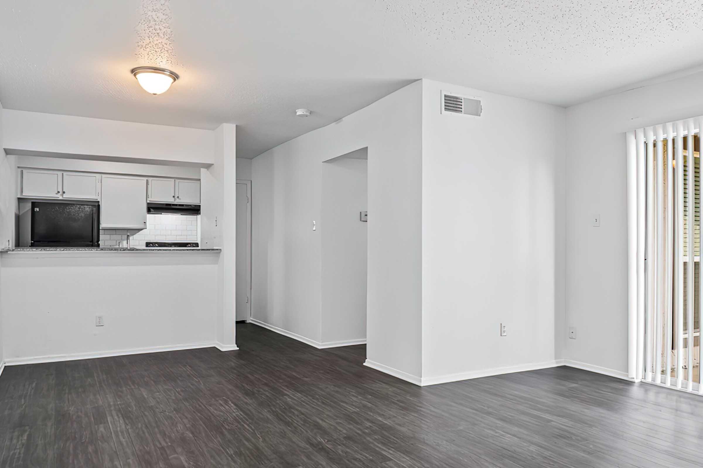 Interior view of a modern, open-concept living space. Features include light gray walls, dark hardwood flooring, a kitchen area with black appliances, and vertical blinds on a glass door leading to an outdoor area. The layout is spacious and well-lit, creating a welcoming atmosphere.