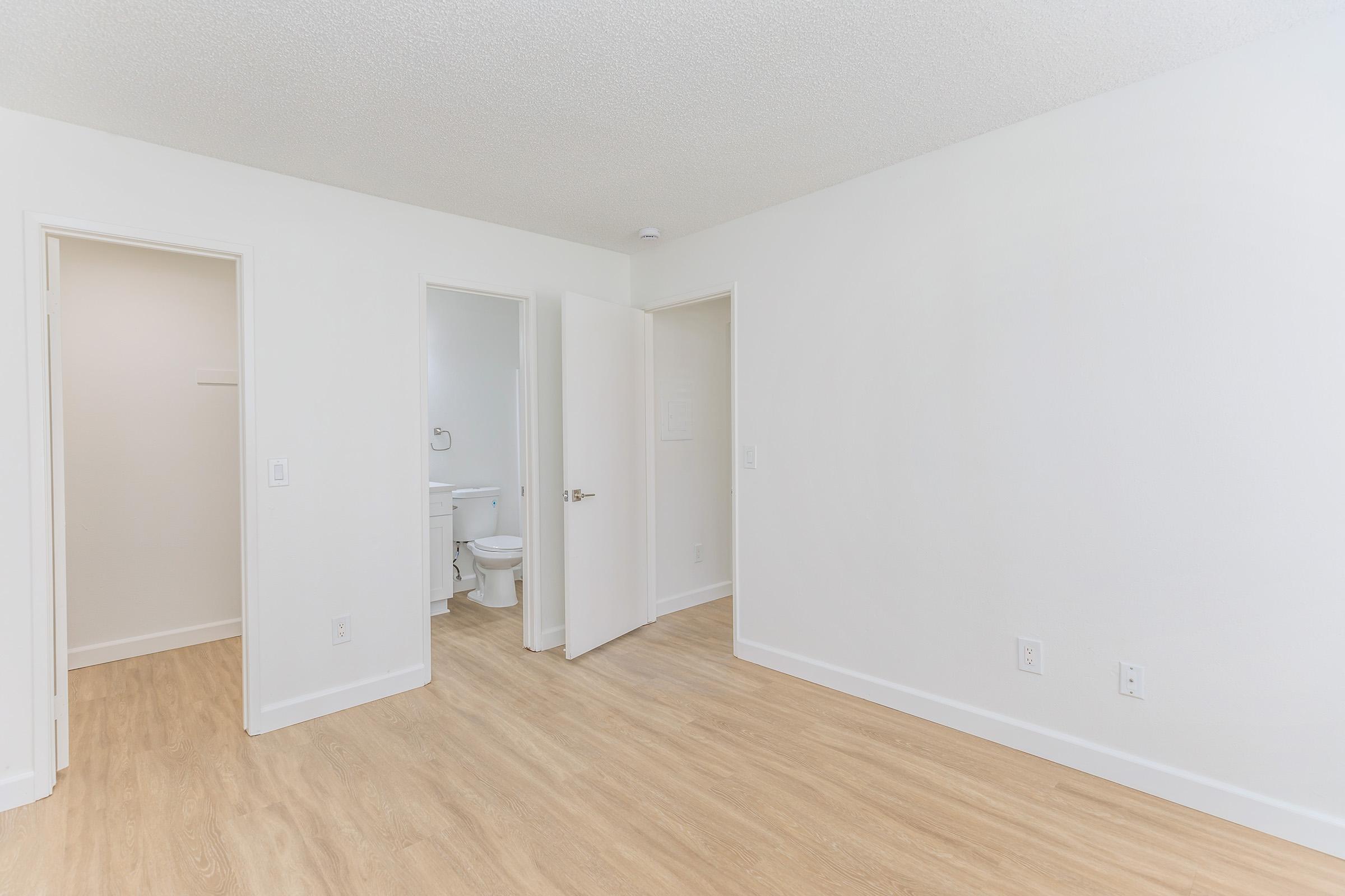 A bright, empty room with light-colored walls and smooth wood-like flooring. There are two doorways leading to other spaces, one potentially leading to a bathroom, and the other to another room. The overall look is modern and clean, with ample natural light.
